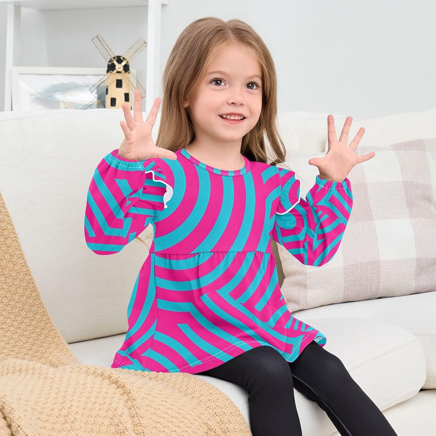 visesunny Toddler Clothes for Girls Concentric Circles Line Long Sleeve Fall Shirts Cotton Top with Ruffle Collar