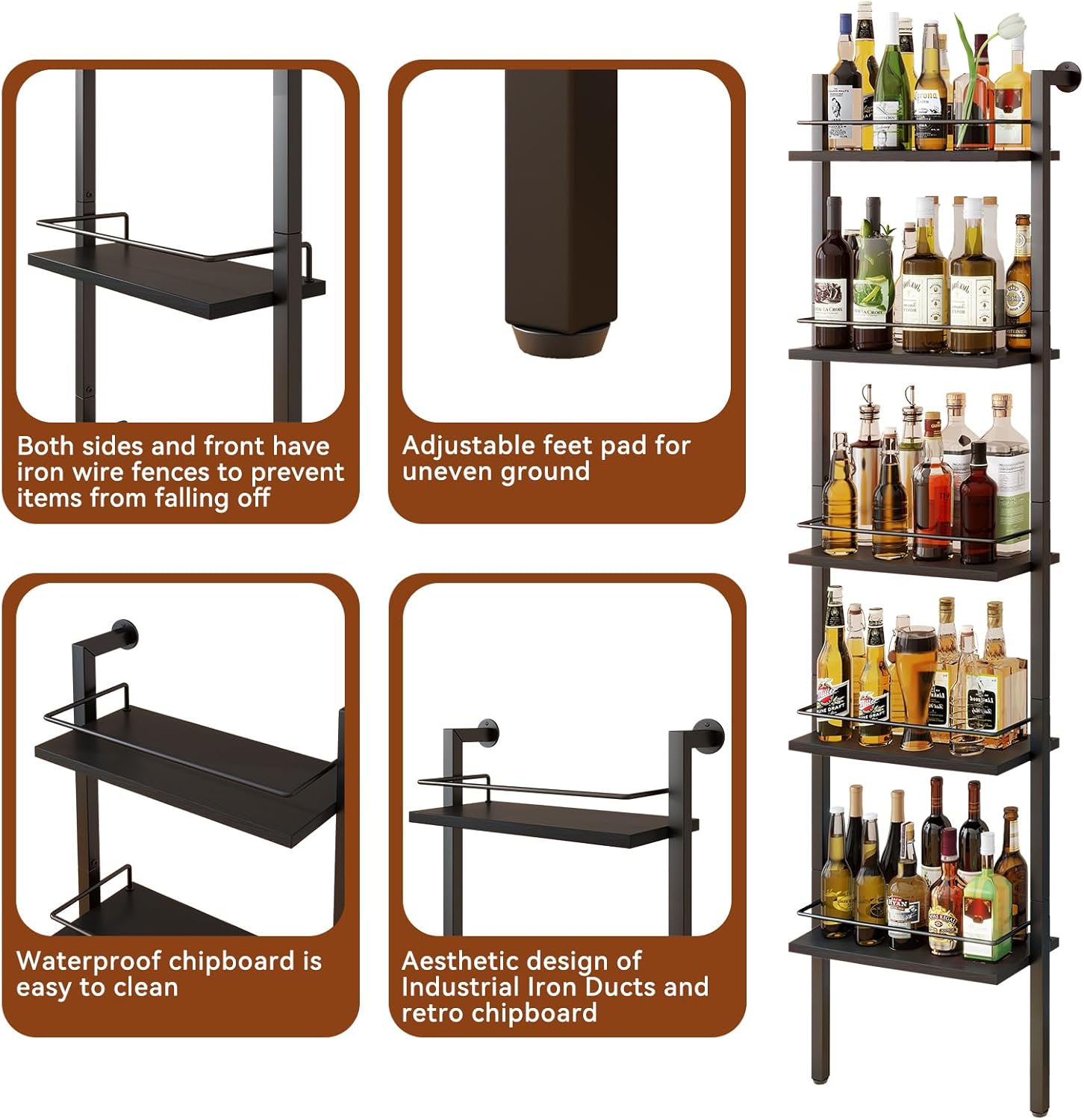 YMYNY 5-Tier Freestanding Wine Racks，Liquor Bottle Display Shelf with Fences, Wall Mounted Floating Shelf Storage Stand for Kitchen, Dining Room, 16.93" L x 7.87" W x 69.68" H Black UHWR001B