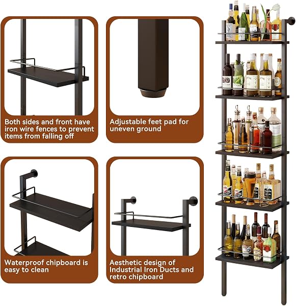 YMYNY Estante de Vino Independiente de 5 Plantas, Estante de exhibición de Botellas con Vallas, Estante de Almacenamiento Flotante montado en la Pared de Cocina, 43 x 20 x 177cm Negro HWR001B - 3