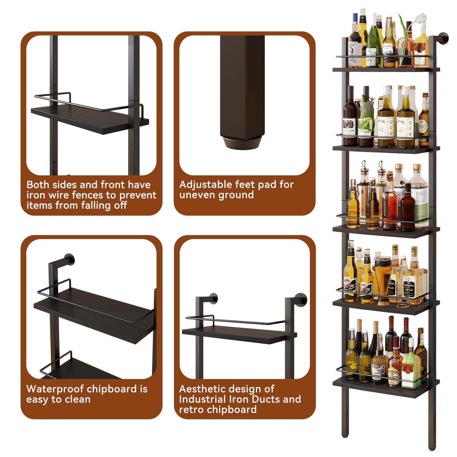YMYNY 5-Tier freistehende Weinregale, Liquor Flasche Display Regal mit Zäunen, Wand montierte schwimmende Regal Lagerstand für Küche, Esszimmer, 43 x 20 x 177 cm Schwarz HWR001B