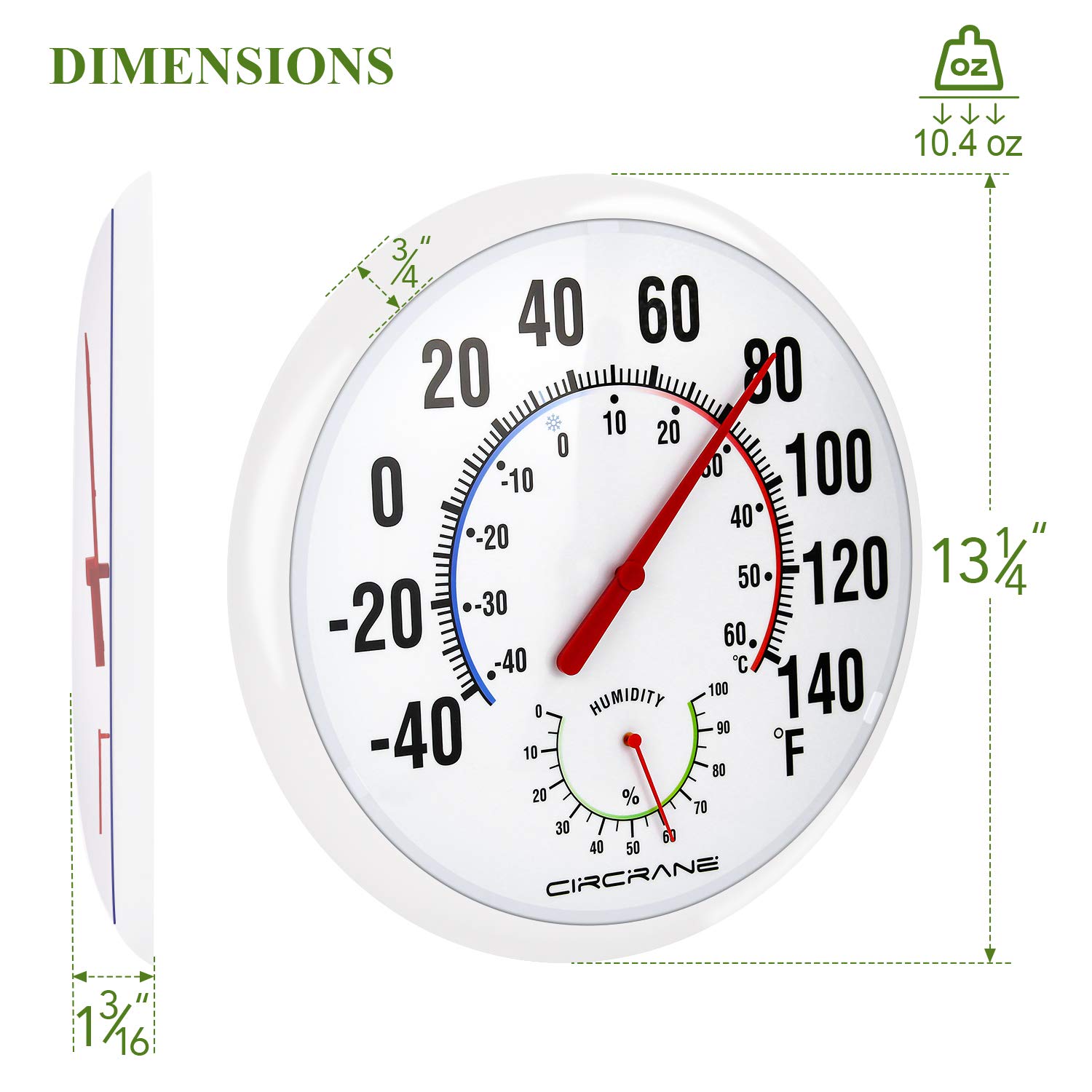Circrane 13.25 Inch Round Thermometer with Hygrometer, Large Indoor Wall Thermometer Patio Bimetal Weather Thermometer, No Battery Required, White : Patio, Lawn & Garden