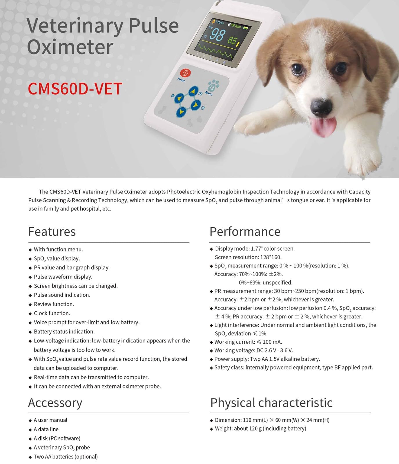 BLUEZY Tragbares Veterinär-Pulsfrequenzmessgerät, Veterinär-Pulsoximeter Mit Sonde Und USB-Kabel, Speicher- Und Wiedergabefunktion Für Katzen, Hunde, Haustiere Krankenhaus