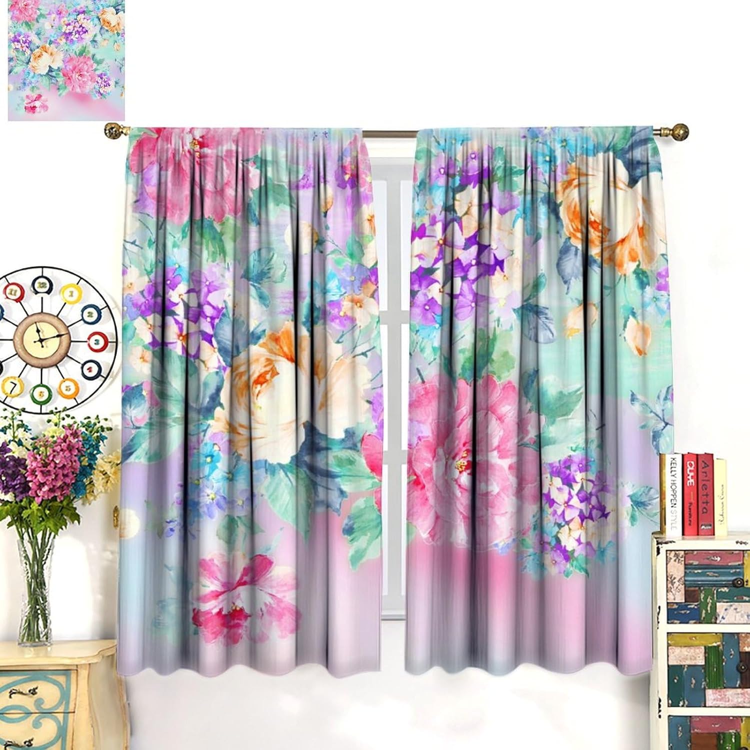 Watercolor Flower Window Curtains，Abstract Style Colorful Floral Leaves Blackout Print Rod Pocket Window Drapes for Bedroom Living Room Kitchen Set 2 Panels,42x45 Inches