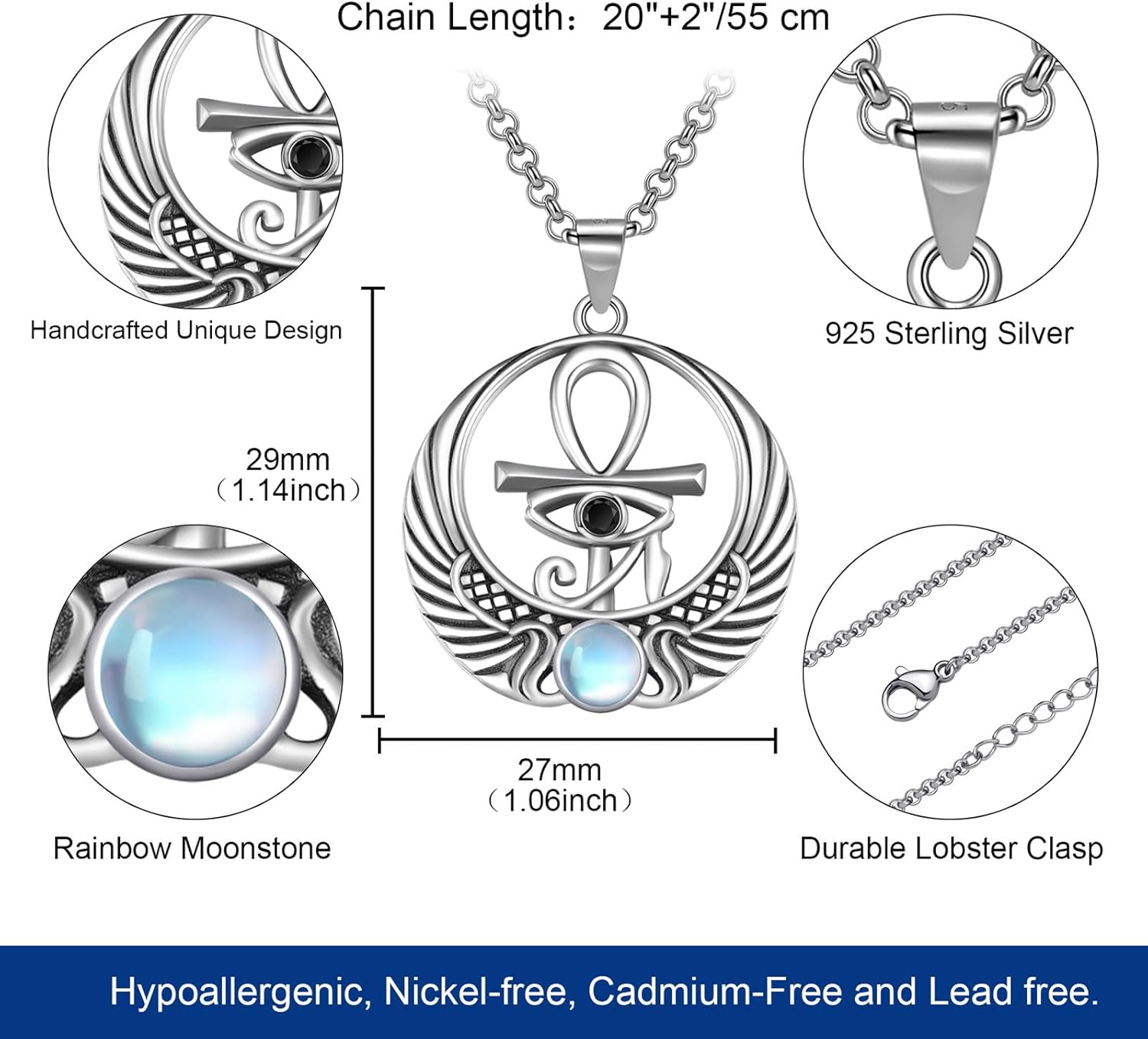 Ankh Necklace 925 Sterling Silver Eye of Horus Necklace Egyptian Ankh Cross Pendant for Men Women Egyptian Amulet Jewelry Gifts - Image 2