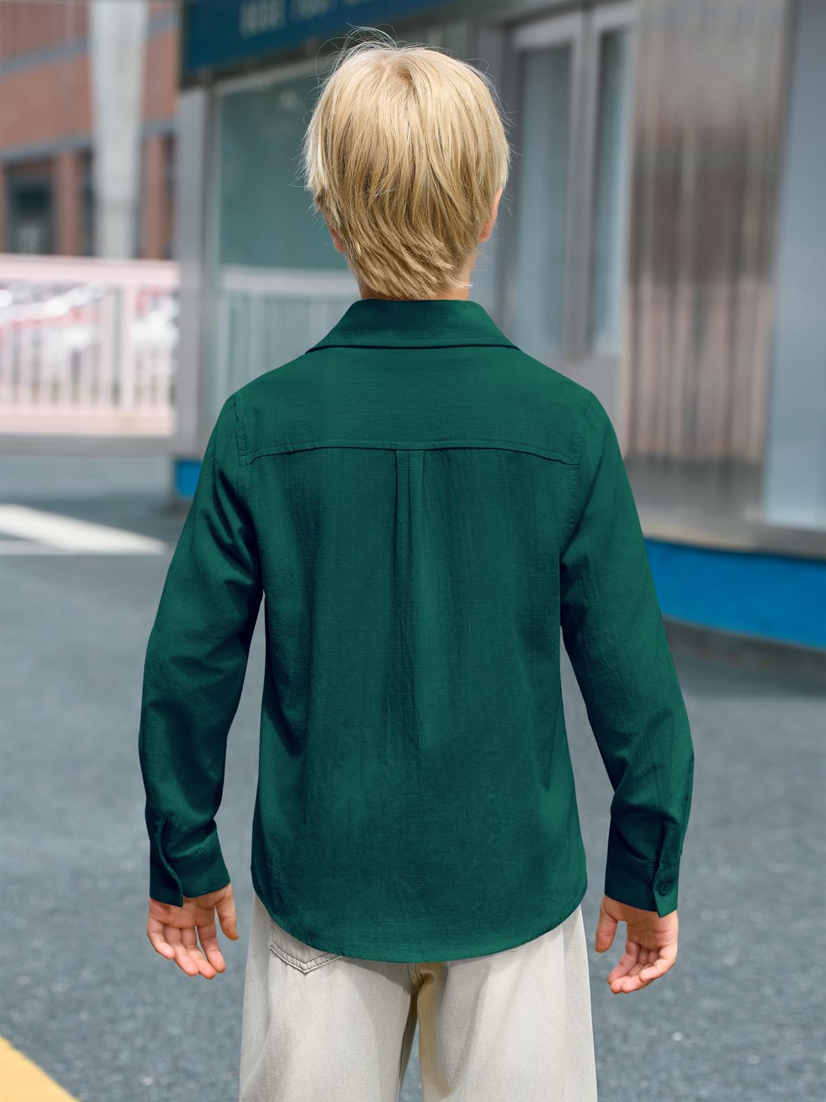 Haloumoning Camicia a maniche lunghe per bambini, in lino, con bottoni, per uniforme scolastica, 5-14 anni