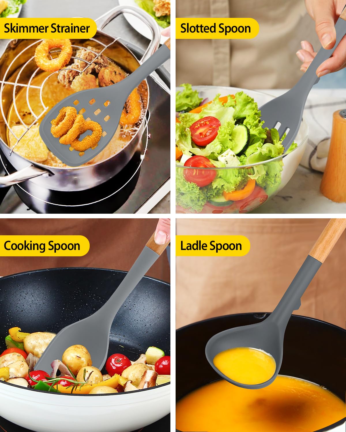 Set di utensili da cucina in silicone per pentole non appiccicose, 7 pentole resistenti al calore con manico in legno, utensili da cucina senza BPA, con spatole, cucchiai, skimmer e forchetta per