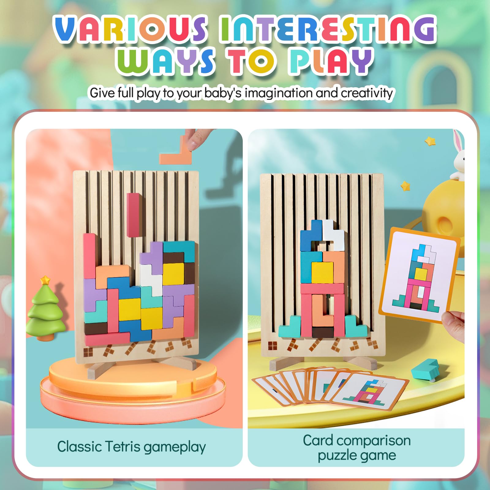 Tetris Gioco per Bambini con Borsa,Puzzle di Legno Tetris Giocattolo Montessori,Cervello Giocattoli, Intelligenza Jigsaw Rompicapo, Regali Educativi per Bambini