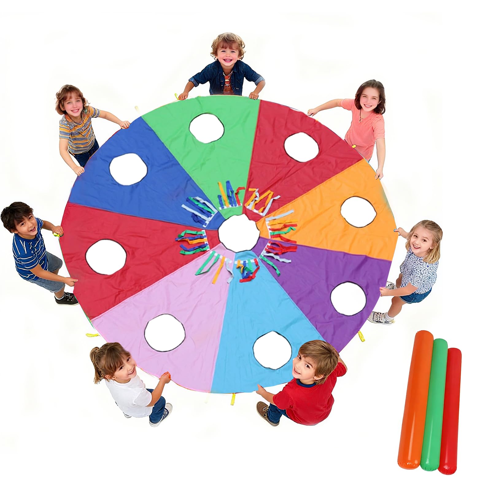 Balakaka Regenbogen Fallschirmspiel für Kinder, 2m große Motorik-Spielmatte mit 9 Löchern, Sensomotorische Förderung Outdoor Gruppenspiel für Schulen Kindergeburtstage