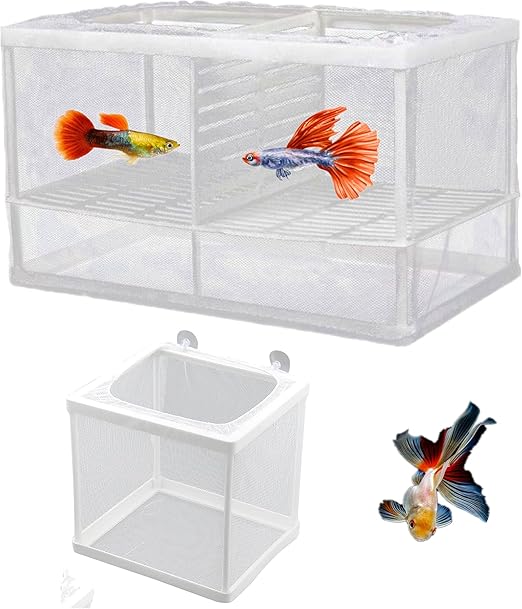 2 Pack Fish Tank Breeder Net Mesh Breeder Box, Aquarium Hatchery Breeder Box Separation Nettig, Plastic Frame Fish Breeding Box Fry Hatchery Incubator Mesh with Suction Cup