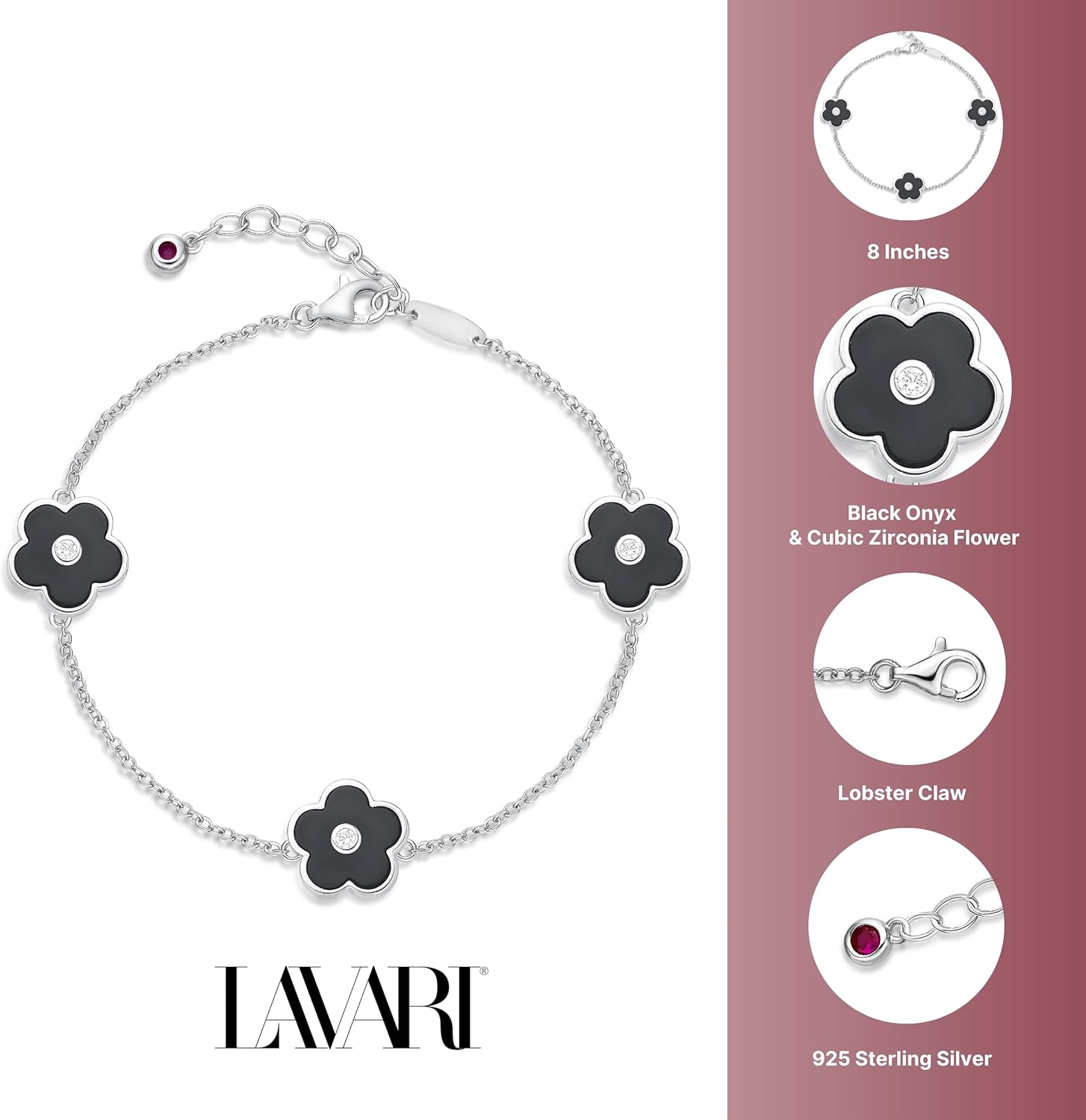 Lavari Jewelers Black Onyx or Mother of Pearl and Cubic Zirconia Triple Flower Bracelet for Women in 925 Sterling Silver with Rose Gold or Rhodium Plating Adjustable Lobster Claw