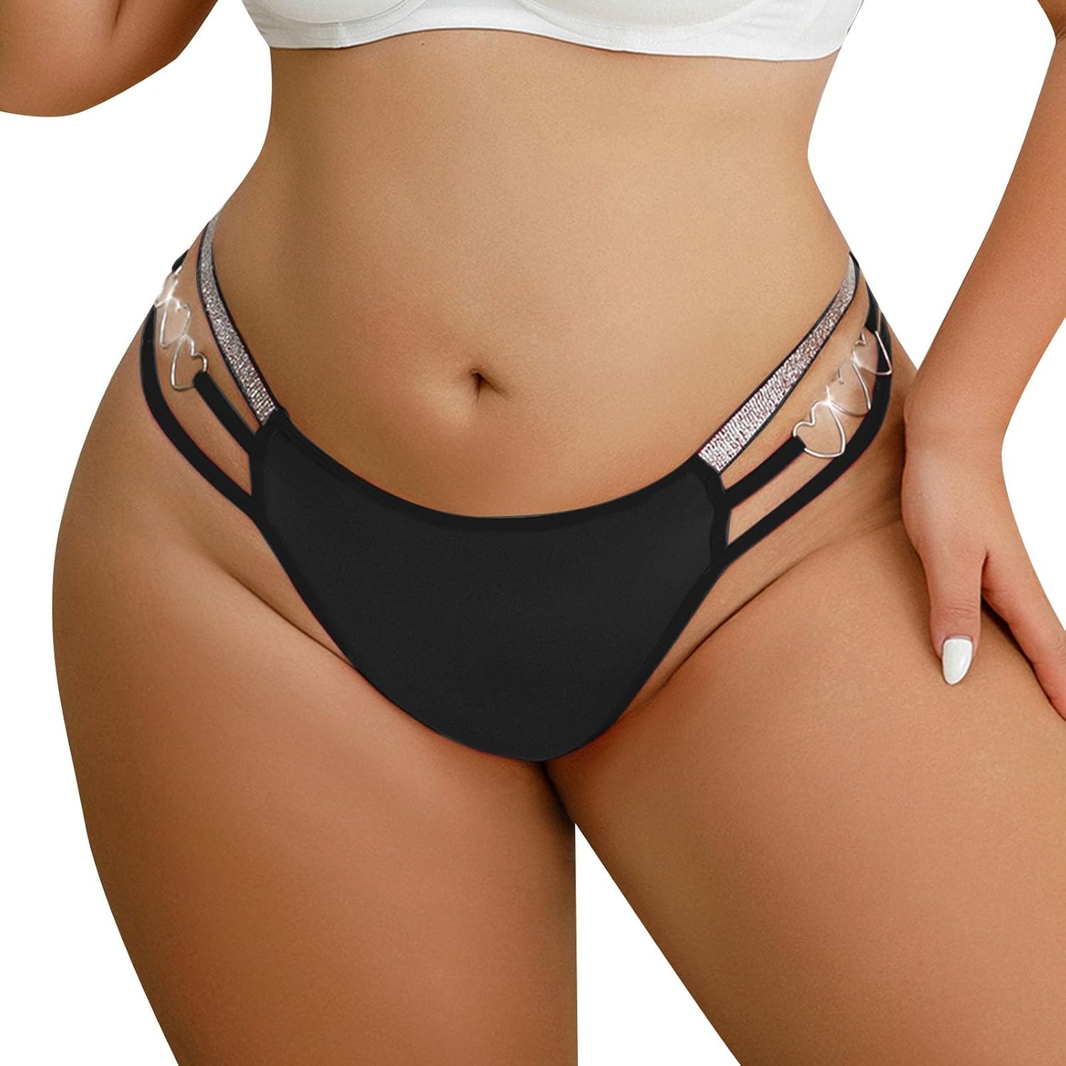 Women's Panties Low Waist Underwear with Heart Decoration and Silver Ribbon for Comfort and Style