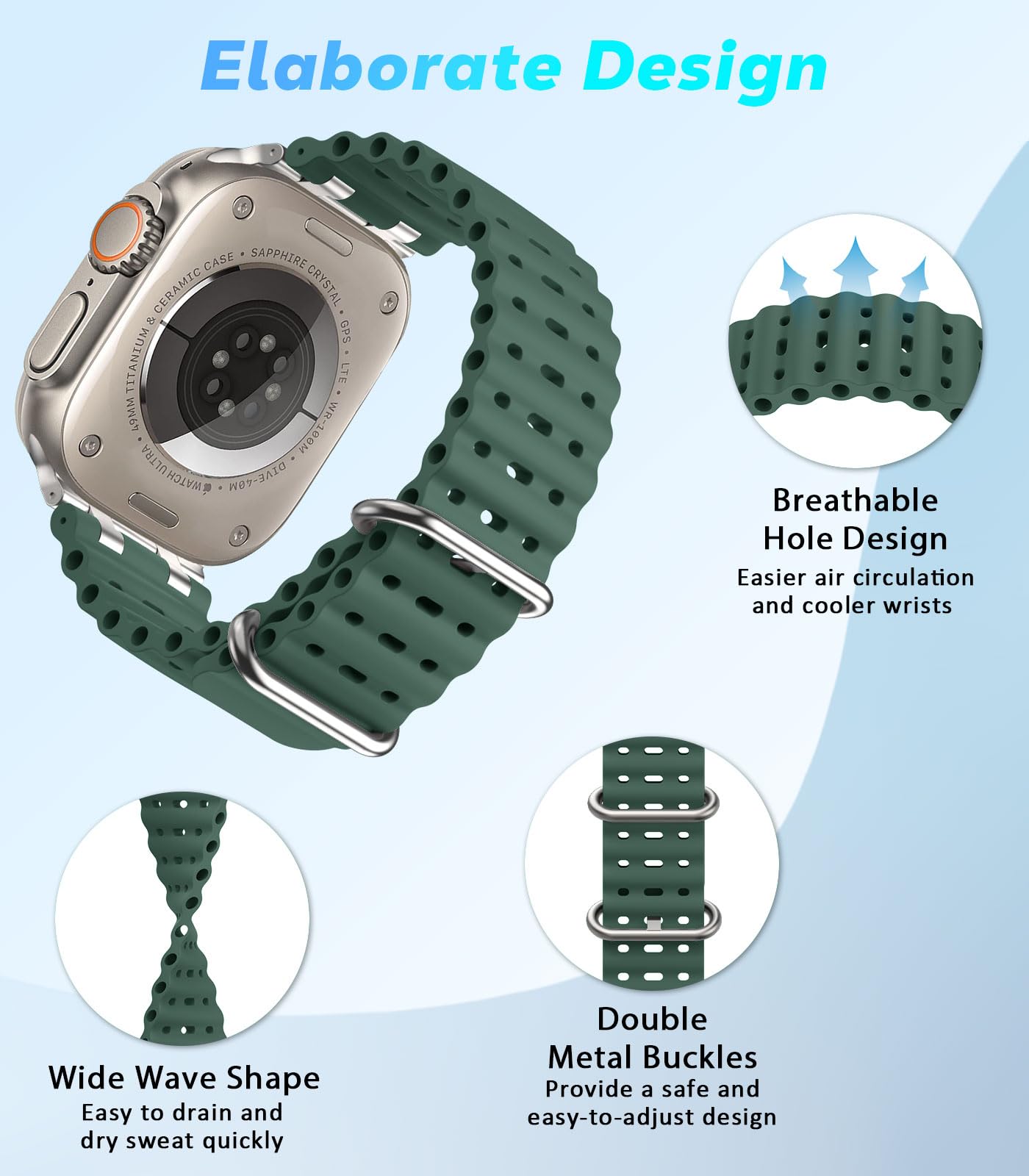 Astorgos Cinturino Ocean compatibile con Apple Watch Ultra 2/Ultra 49mm, S10 46mm, 9/8/7 45mm, SE/6/5/4 44mm, 3/2/1 42mm, Cinturini Sportivo con Connettore in Metallo per Uomo e Donna