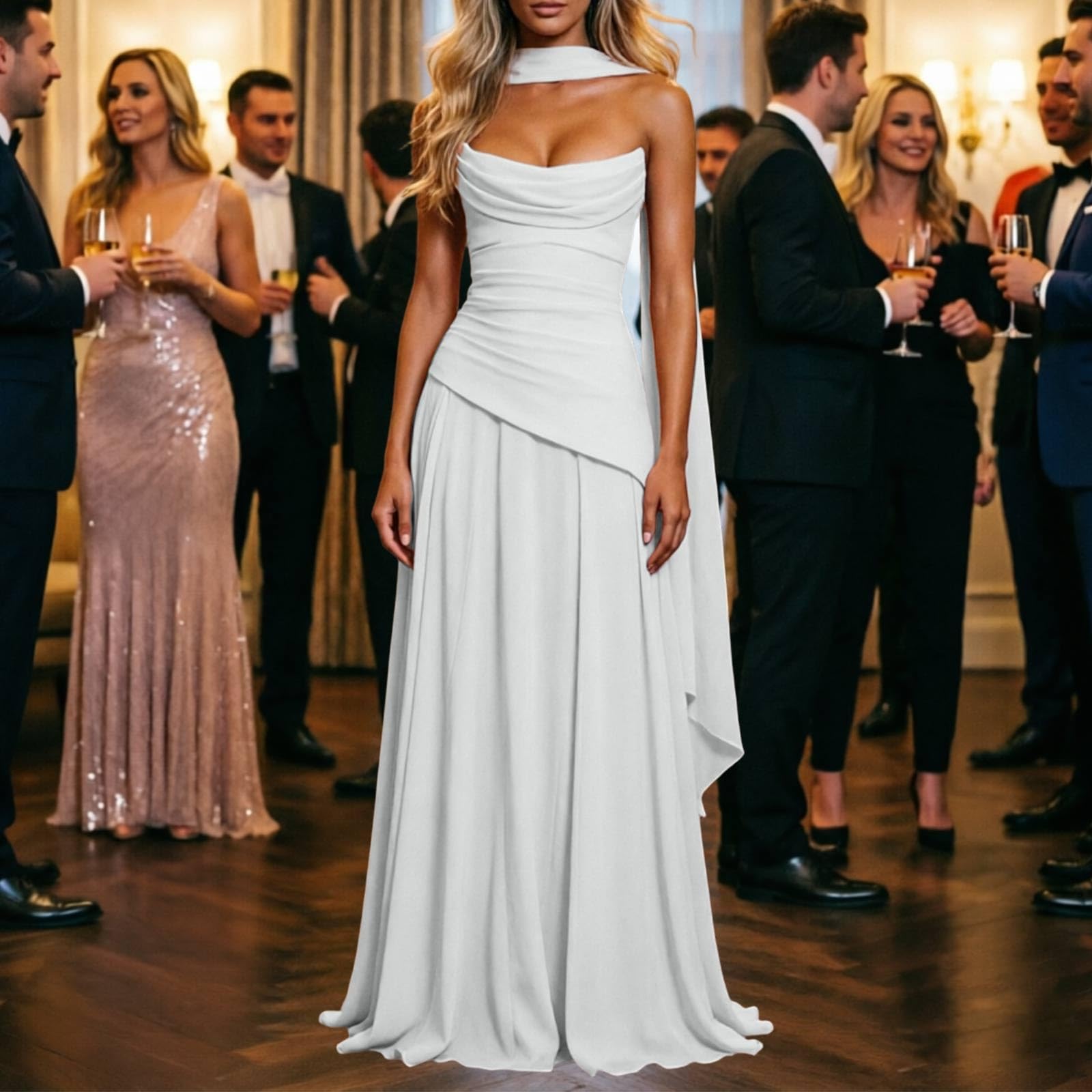 Vestido de Verano Mujer Casual, Elegante Vestido de Talla Grande con Lazo en la Cintura, drapeado Irregular francés de Alta Costura y corpiño Plisado sin Tirantes.