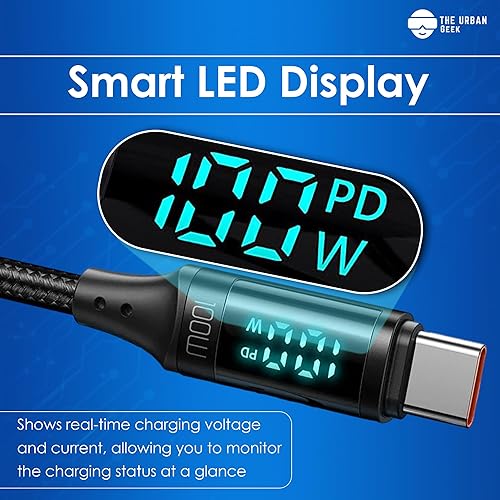 Miniatura 4 de TheUrbanGeek Cable de carga rápida USB C de 100 W con pantalla LED. Cable de carga trenzado de nailon QC5.0 tipo C con velocidad de datos de 480