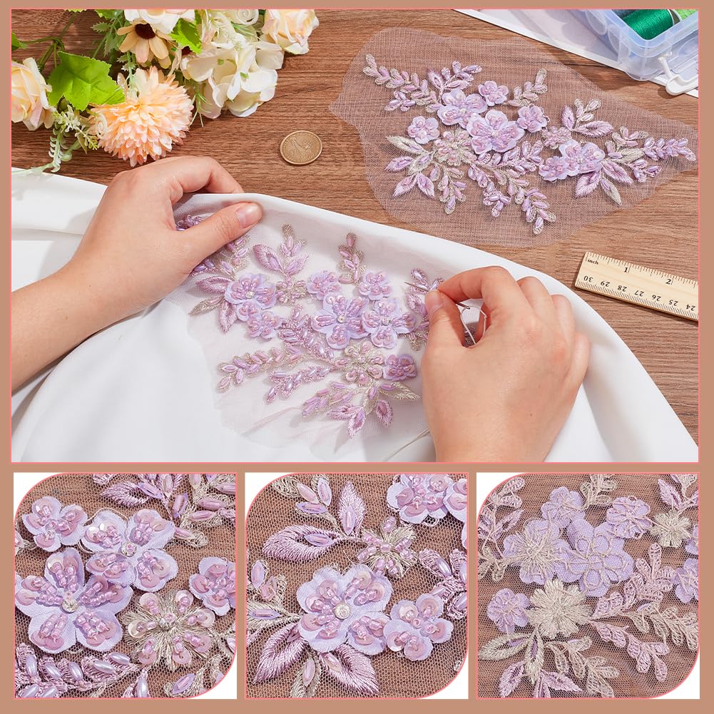 Embroidered Nail Bead Flower Patches | Tulle Applique For Wedding Dresses & DIY Clothing (Light Purple Pink, 13.4x5.9 Inch) - View #7