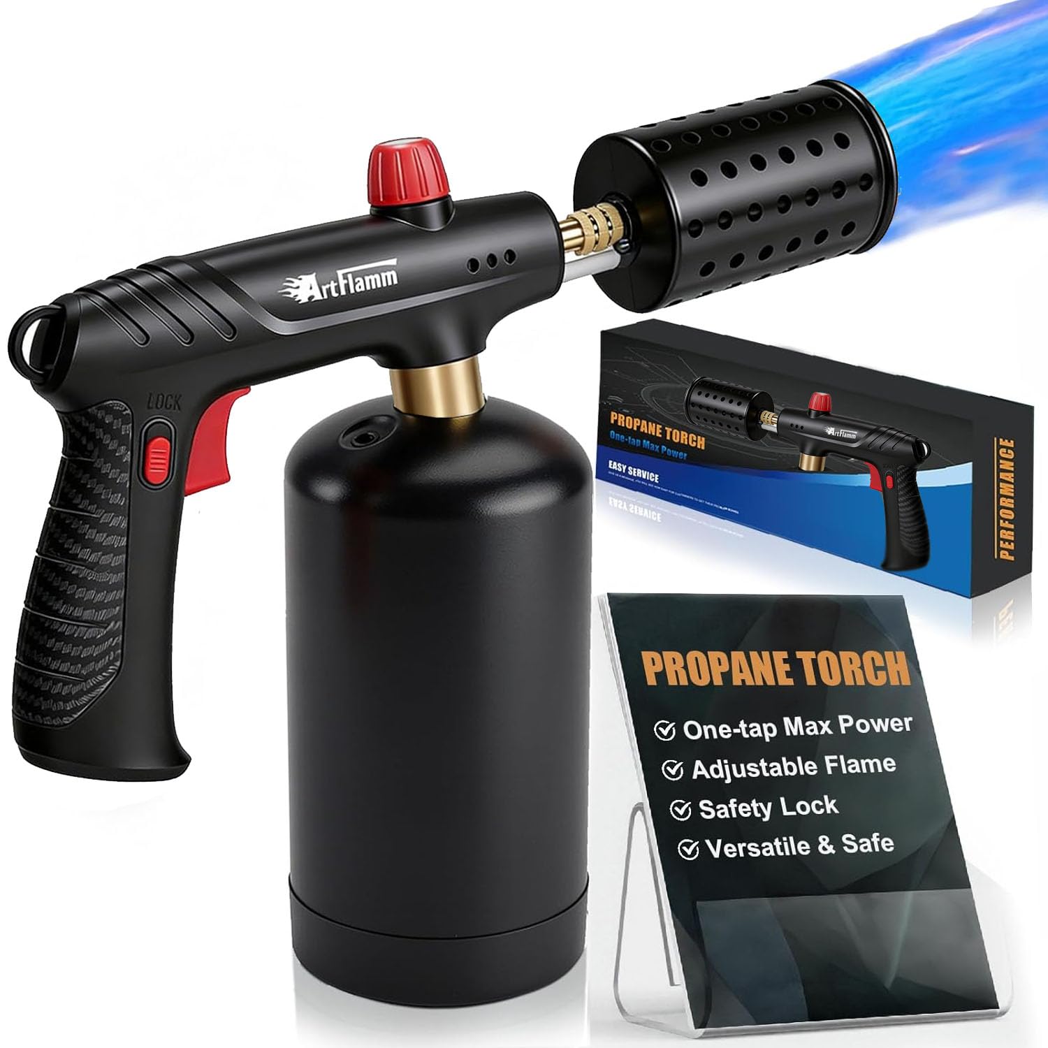 ARTFLAMM Propane Torch with Safety Lock, Powerful Cooking Blow Torch Gun for Grill, BBQ, Sous Vide &amp; Charcoal– Adjustable Flame Cooling Vents Design (Tank Not Included)