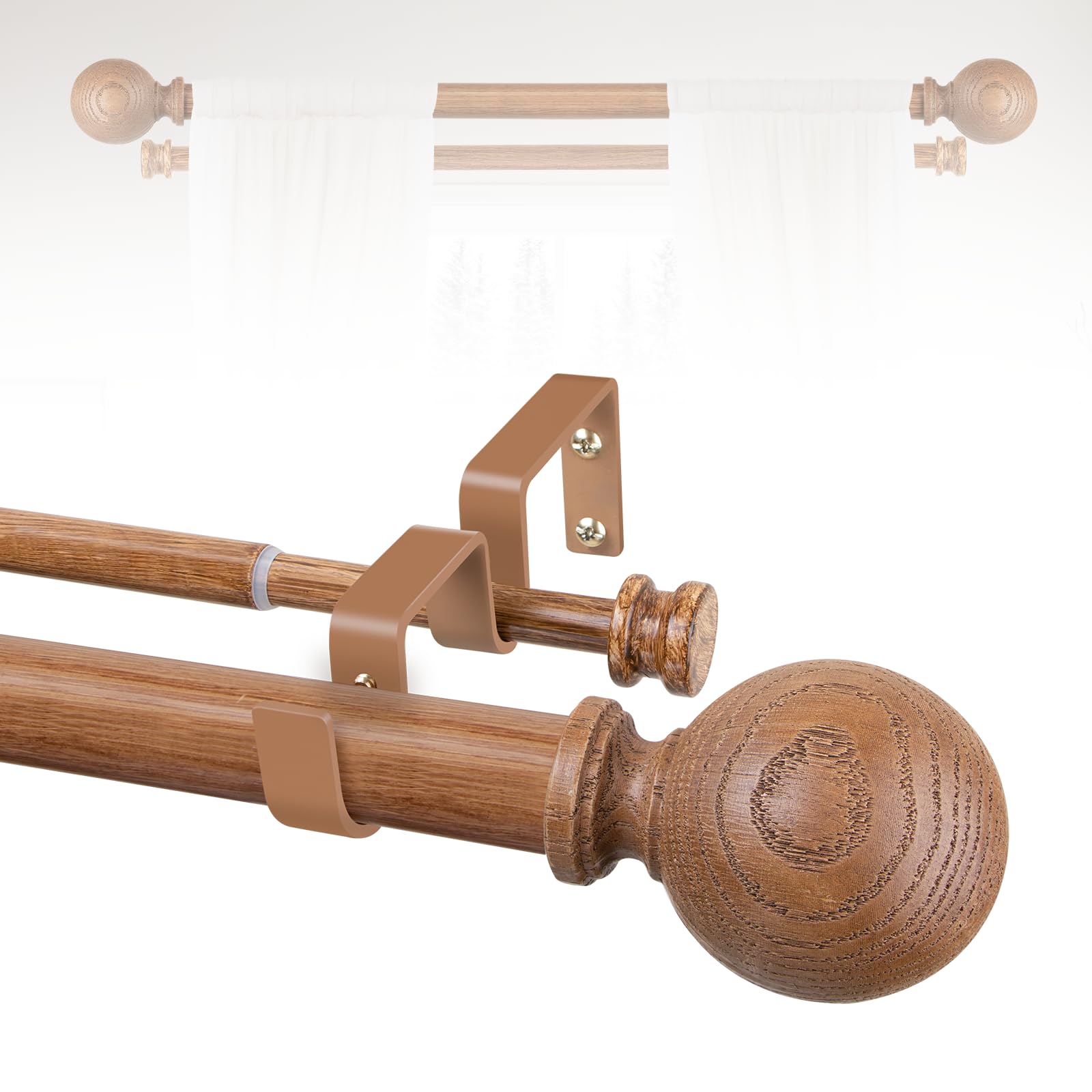 Wood Double Curtain Rods for Windows 36 to 88:Boho Wooden Double Rod Curtain Rods for Farmhouse Livingroom Bedroom 1Inch Heavy Duty Adjustable Dual Curtain Rod Decorative Imitation Wood Grain