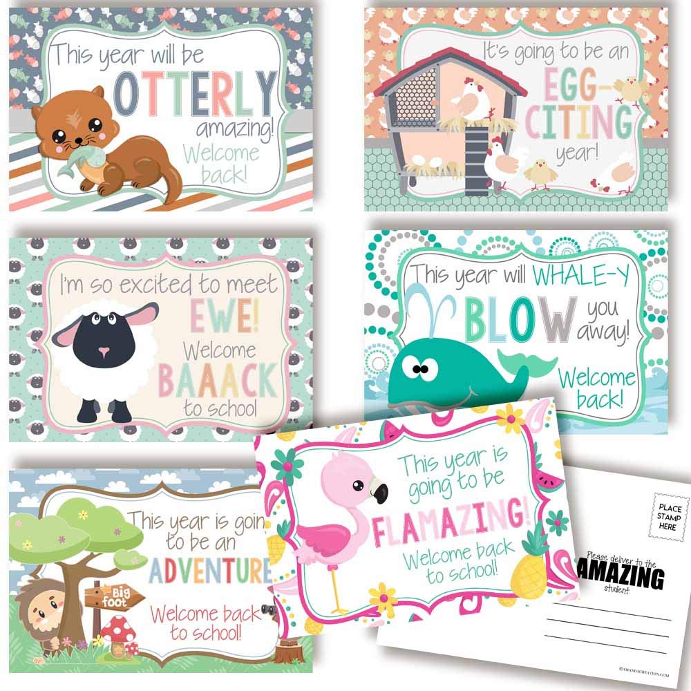 Fun Animal Themed Welcome Back To School Teacher Postcards For Students, 30 4"x6" Funny Postcards (6 different designs) Bulk Positive Note Home,