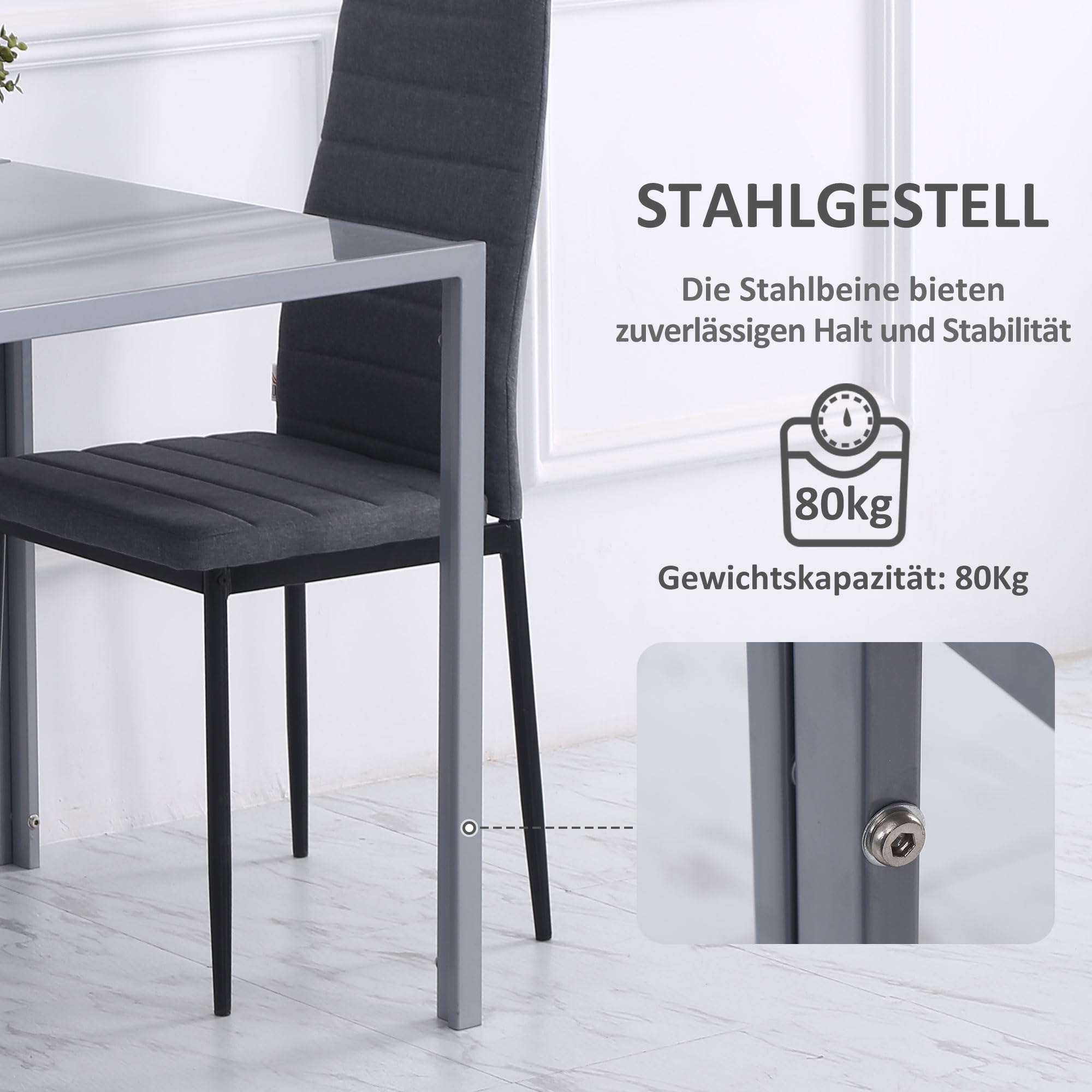 HOMCOM Esszimmertisch 75 x 75 cm, Quadratischer Küchentisch für 4 Personen, Esstisch aus Hartglas mit Metallbeine, moderner Tisch für Küche, Esszimmer und Wohnzimmer, Grau