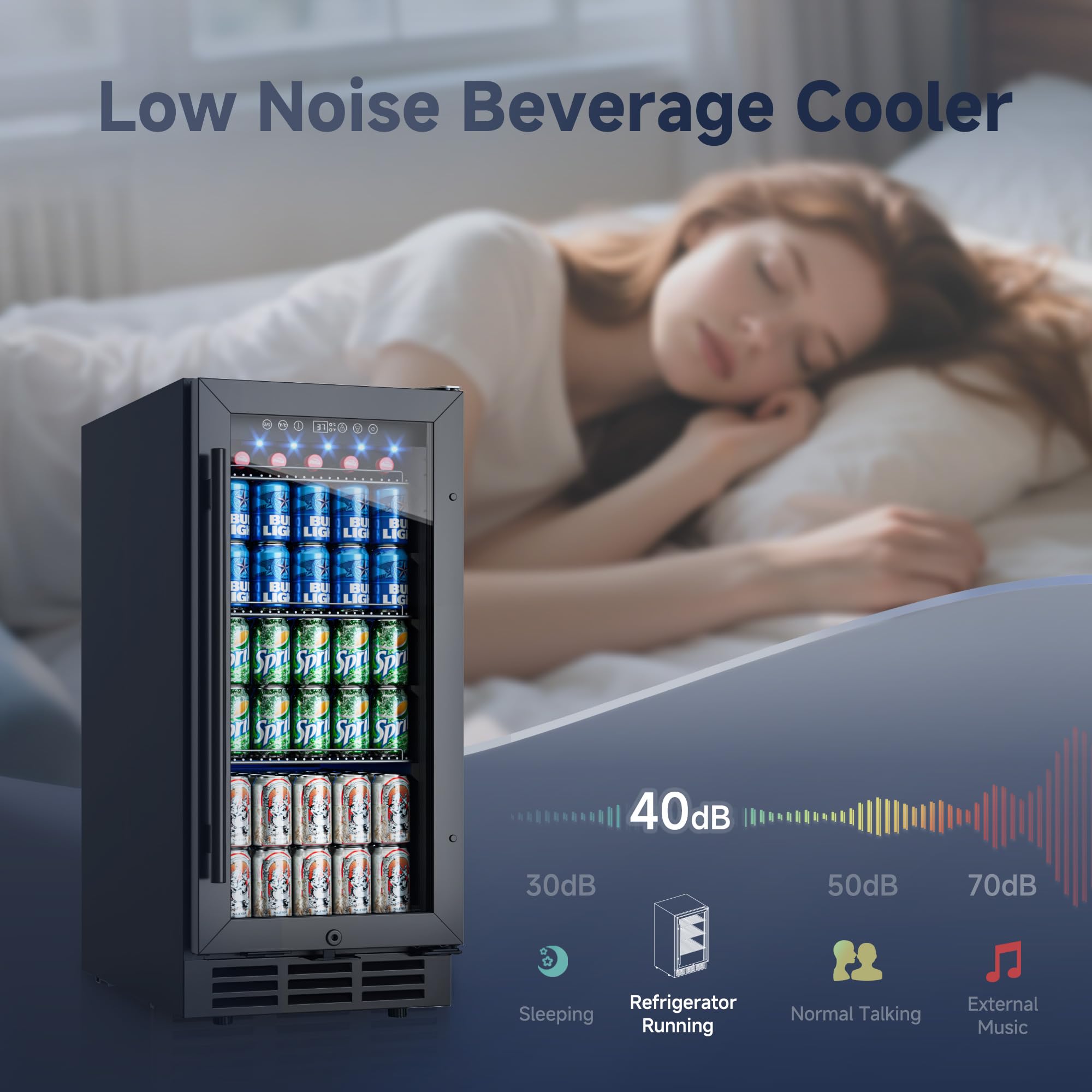 ICEVIVAL 15 Inch Beverage Fridge, 132-Can Capacity Under Counter Refrigerator with Blue LED Display, Beverage Refrigerator with Glass Door & Adjustable Shelves for Home, Bar, Office (Black) on Fridge.com