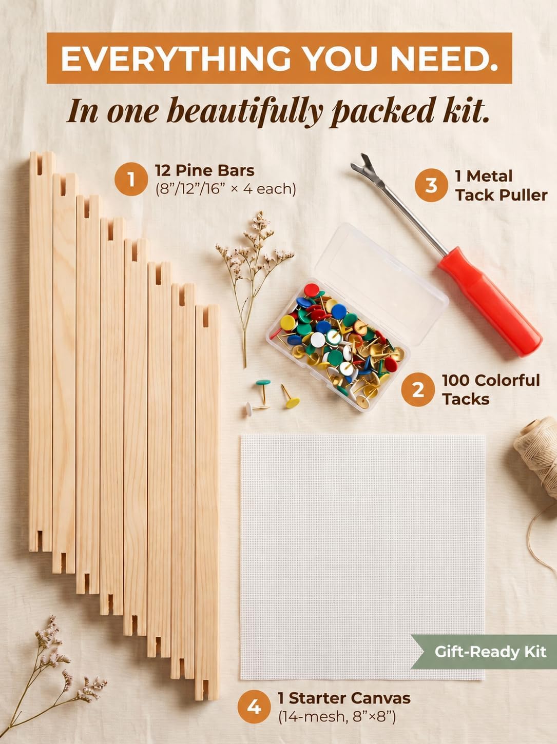 Needlepoint Stretcher Bars for Needlework, 12-Pack Pine Wood Frame Kit with 8/12/16 Inch Bars, 100 Tacks, Tack Puller and 14-Mesh Canvas for Stitching