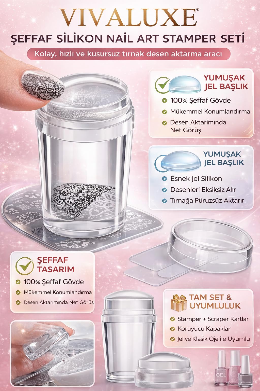VIVALUXE Şeffaf Silikon Nail Art Stamper Seti, Jelly Nail Stamp, Scraper Kit, Kolay Konumlandırma için Şeffaf Tasarım, Tırnak Baskı Aleti, Nail Art Manikür Aracı, Jel ve Oje ile Uyumlu