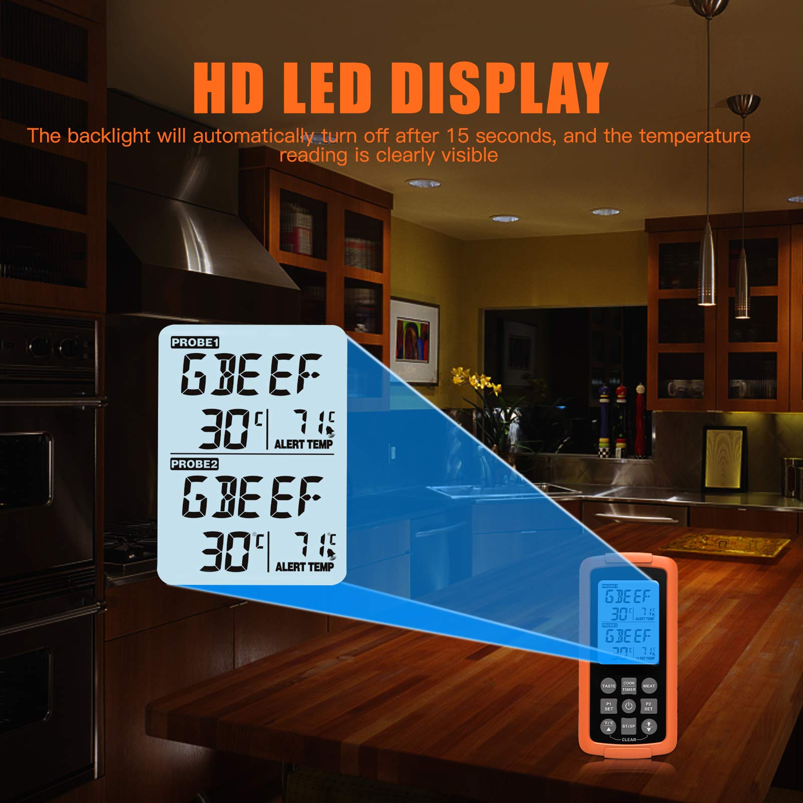 Termómetro inalámbrico digital impermeable con lectura instantánea de alimentos y carne, con sondas dobles para cocina, parrilla, horno, barbacoa, color naranja