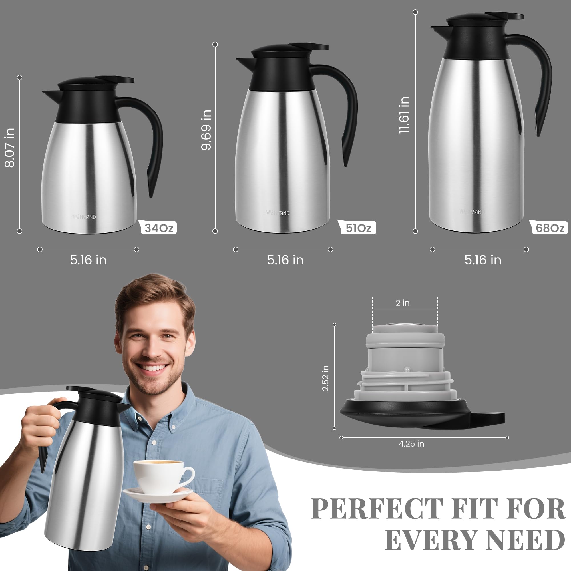 Jarra Térmica 2 Litros para Café, de Acero Inoxidable con Aislamiento al Vacío de Doble Pared, Jarra Grande para Té, Agua y Bebidas Calientes o Frías, Plata