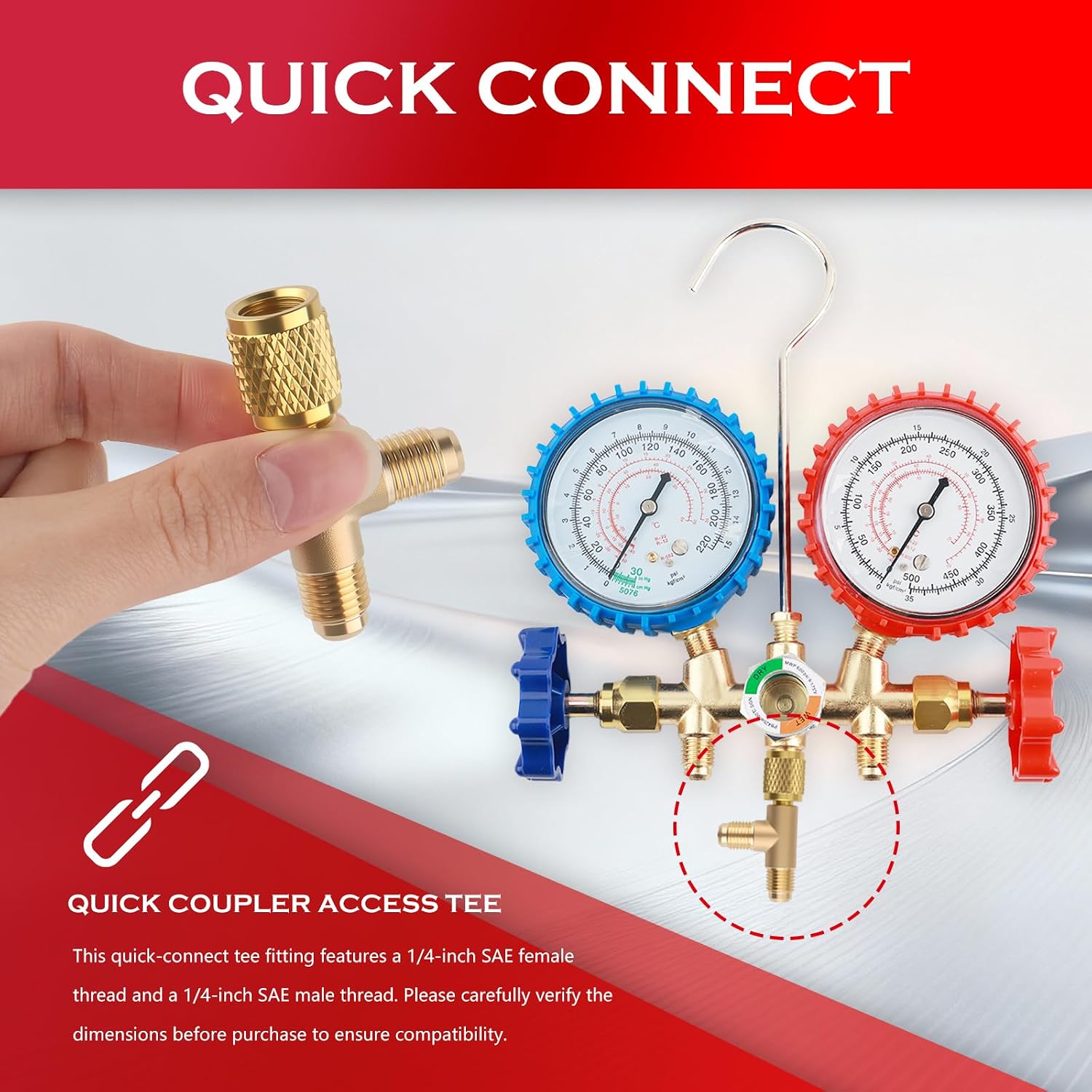 2PCS 1/4" SAE Valve Core Tee Adapter with Swivel Connector,Brass Quick Coupler Access Tee for Quick Connect & Tight Sealing,Universal Car Accessories for R12/R22/R134A