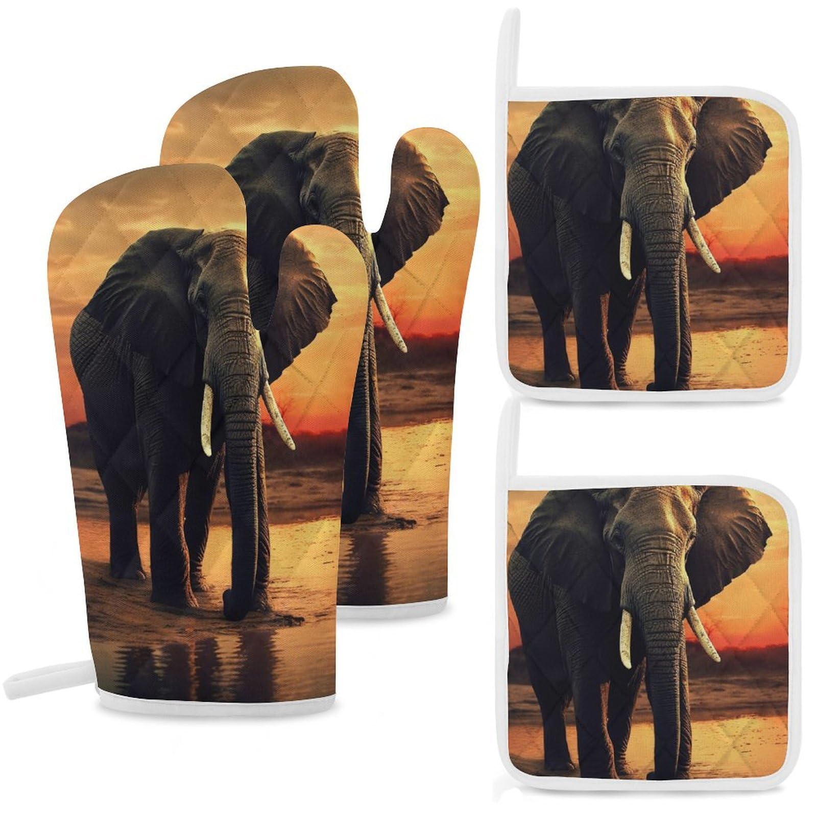 Oven Mitts And Pot Holders Sets of 4 Heat Resistant Kitchen Gloves Elephant And Sunset Oven Mitts BBQ Gloves Cotton Lined Oven Gloves And Hot Pads Non-Slip Potholders for Kitchen Baking Cooking