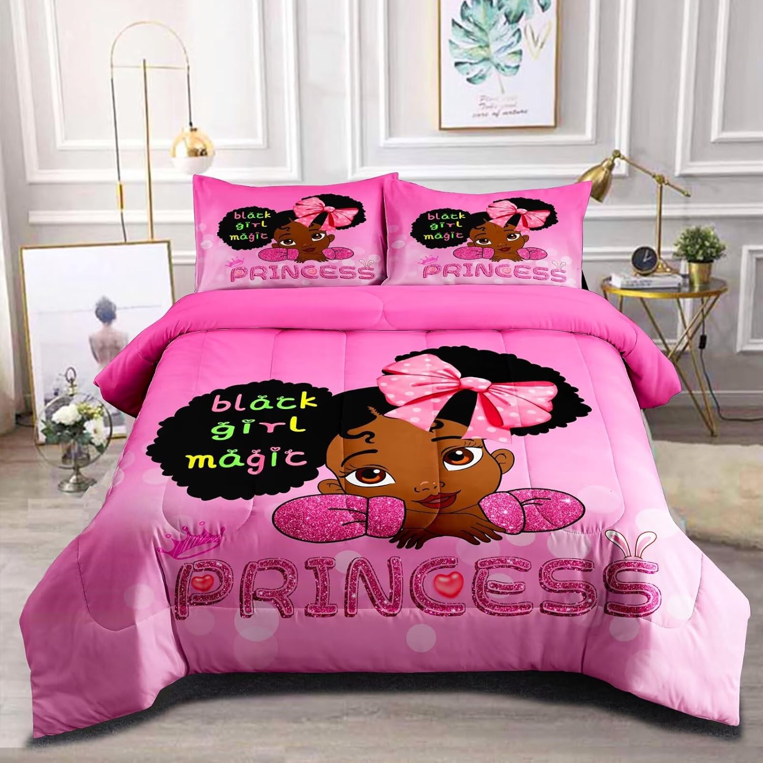 Little Black Girl Comforter Set Twin,Black Magic Girl Bedding Set,African American Bed Set,Afro Princess Bedroom Sets Room Decor for Toddler Kids
