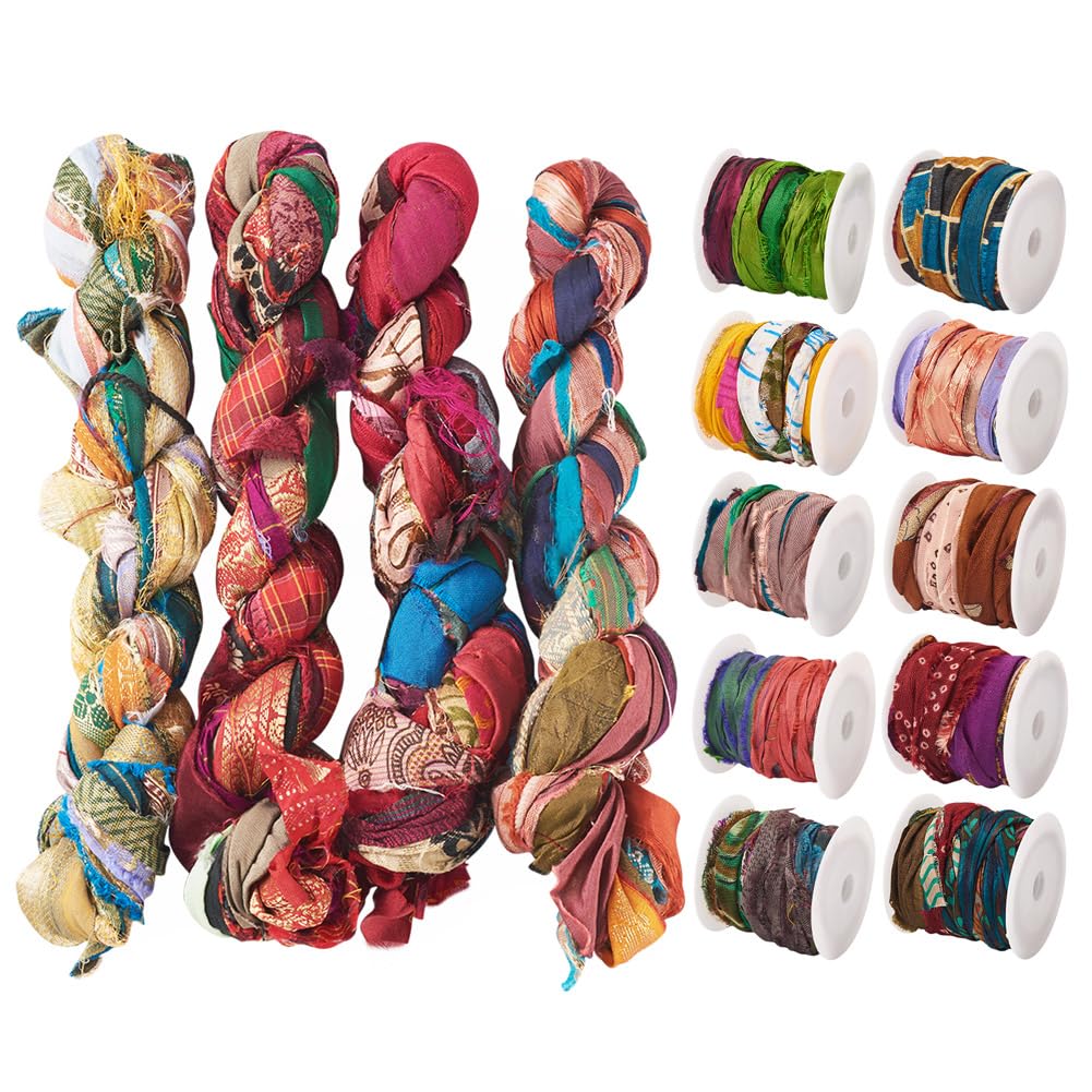 KISSITTY 1 roll Sari Silk Ribbon Random Style Colorful Craft Decorative Jewelry Making Ribbon Trimming for Flowers Floral Bouquets Garlands Wedding Gift Wrapping Hair Bows Decors Ornaments