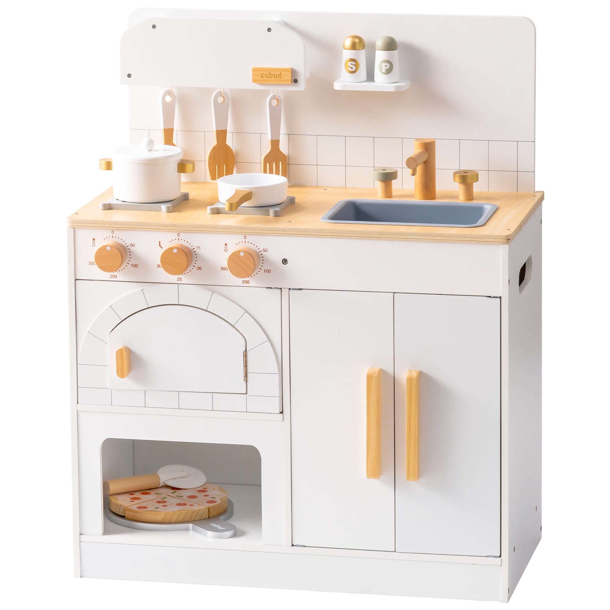 ROBUD Wooden Toy Kitchen for Kids, Pizza Oven Play Kitchen Playset with Cookware & Pizza Cutting Accessories, Realistic Faucet, Storage Cabinet, Role Play Toy Gift for Boys Girls Age 3+