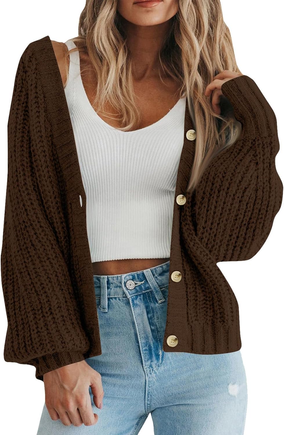 Cropped Cardigan Sweaters for Women Long Sleeve Shirts Button Down Cozy Sweaters Chunky Cardigans Spring Fall Jackets
