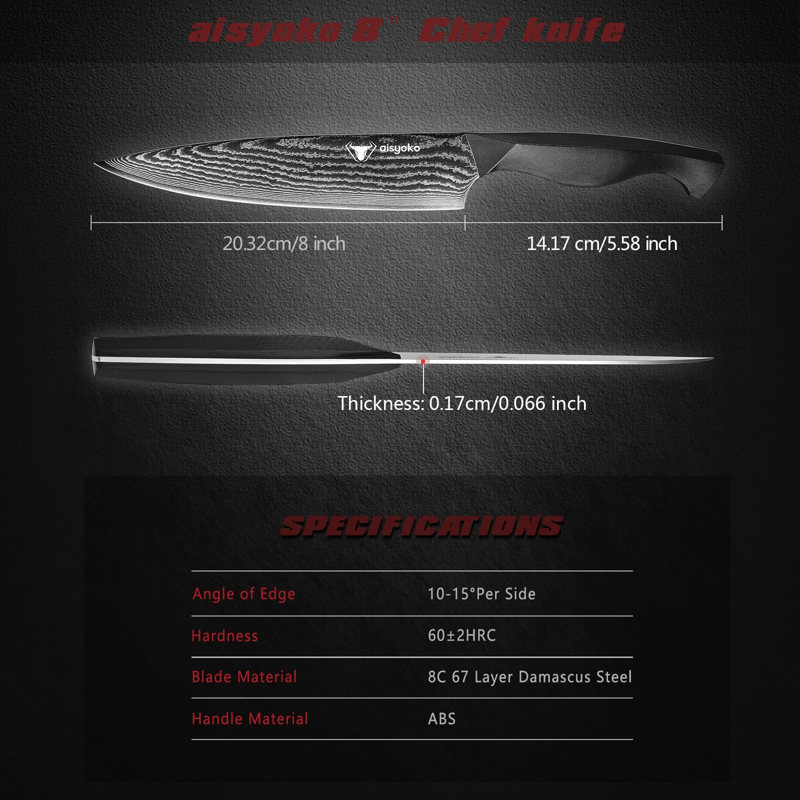 aisyoko Professional Chef Knife 8 "Damascus Kitchen Knife 8C High carbon stainless steel Super sharp,Ergonomic Full Tang ABS Anti-Skid Handle utility knife Japanese Cooking Knife with Luxury Gift Box — Amazon image 4