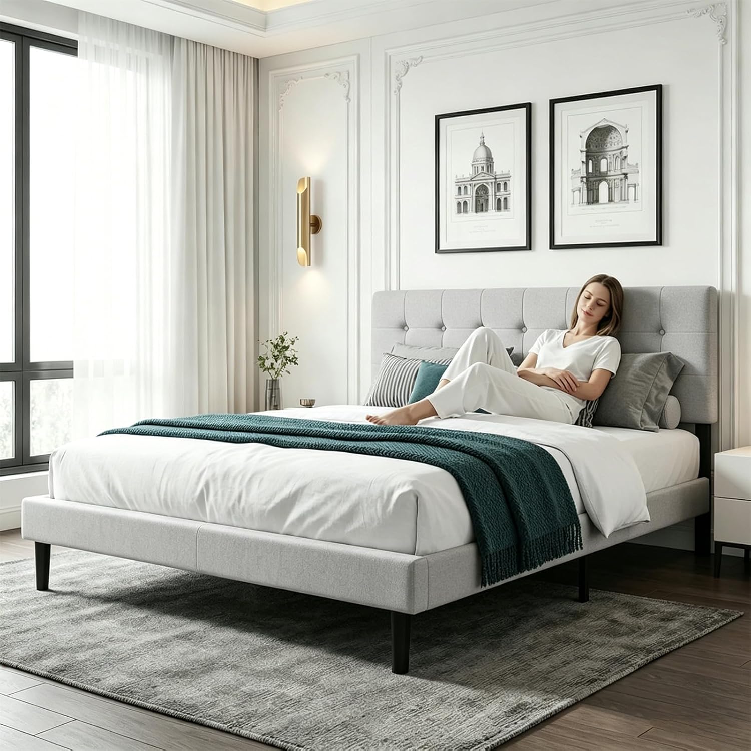 Queen Size Bed Frame with Headboard, Fully Upholstered Mattress Foundation Bedframe, Wooden Slats Support, No Box Spring Needed, Easy Assembly,Grey