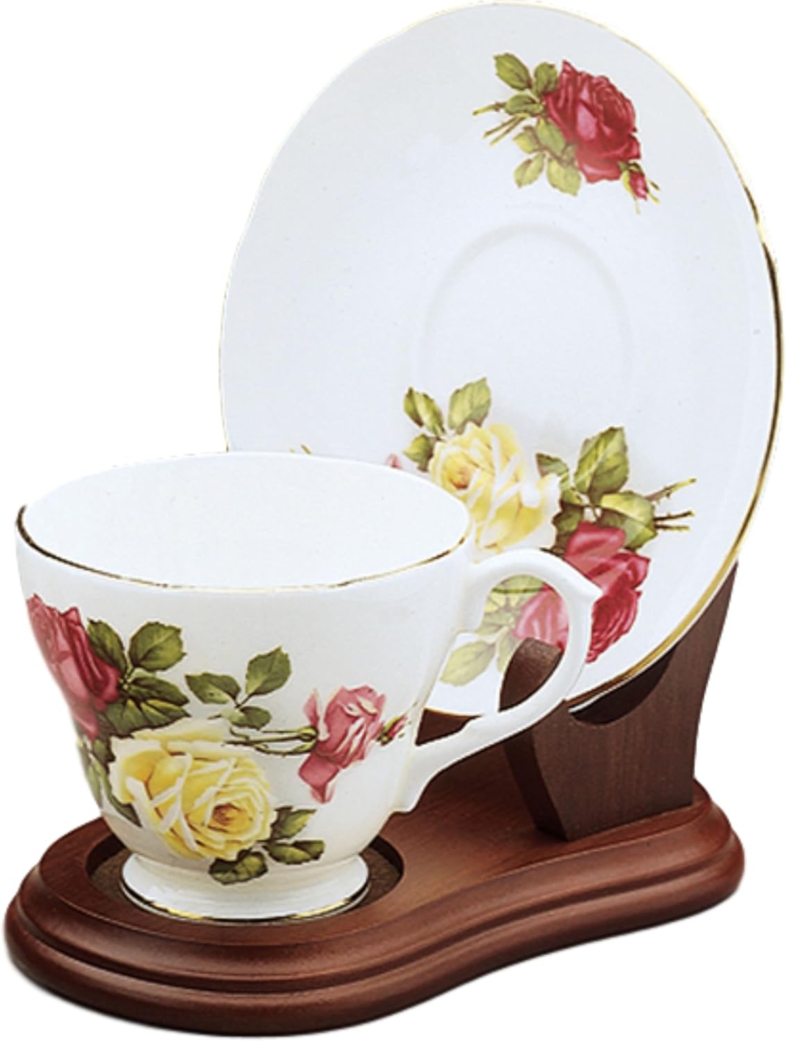 BANBERRY DESIGNS Tea Cup and Saucer Display Stand - Set of 2 Wood Holders for Collectible Teacup and Saucer Sets - Walnut Finish Single Cup/Saucer Display