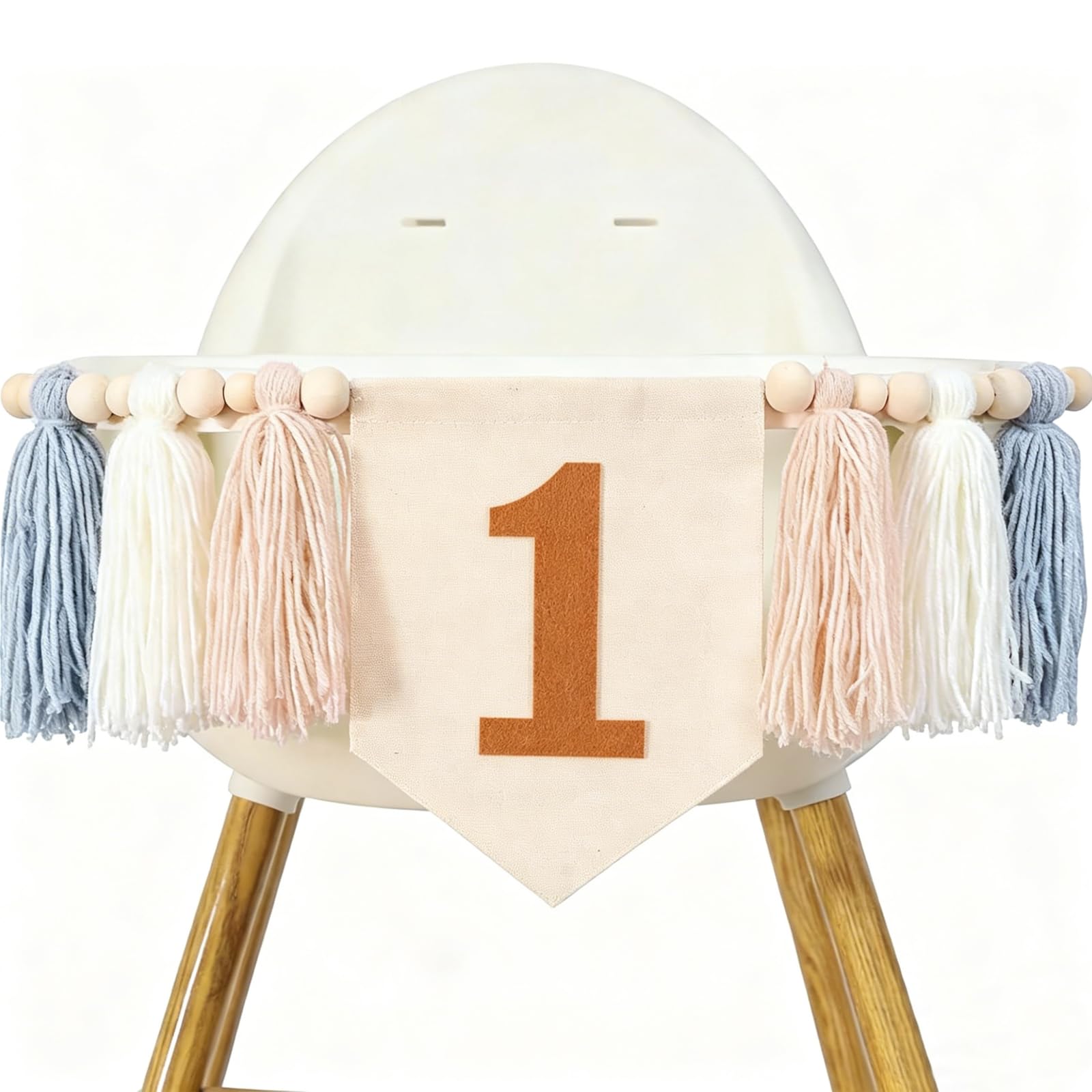 Photo 1 of 1st Birthday High Chair Banner Decorations Boy, One Blue Boho Wood Bead Tassel Garland Highchair Decor Wall Hanging Banner for Baby First Birthday Party, Baby Shower Essentials for Party Supplies