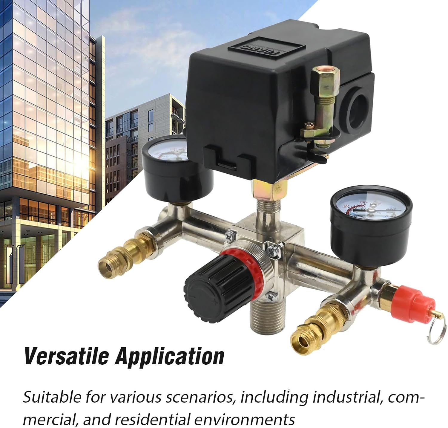 EATAKWARD Yellow Bottom Air Compressor Pressure Switch Control Valve, 90-120 PSI Pressure Regulator with Gauge Connector Kit for Industrial Commercial Residential Environments (American Pattern)