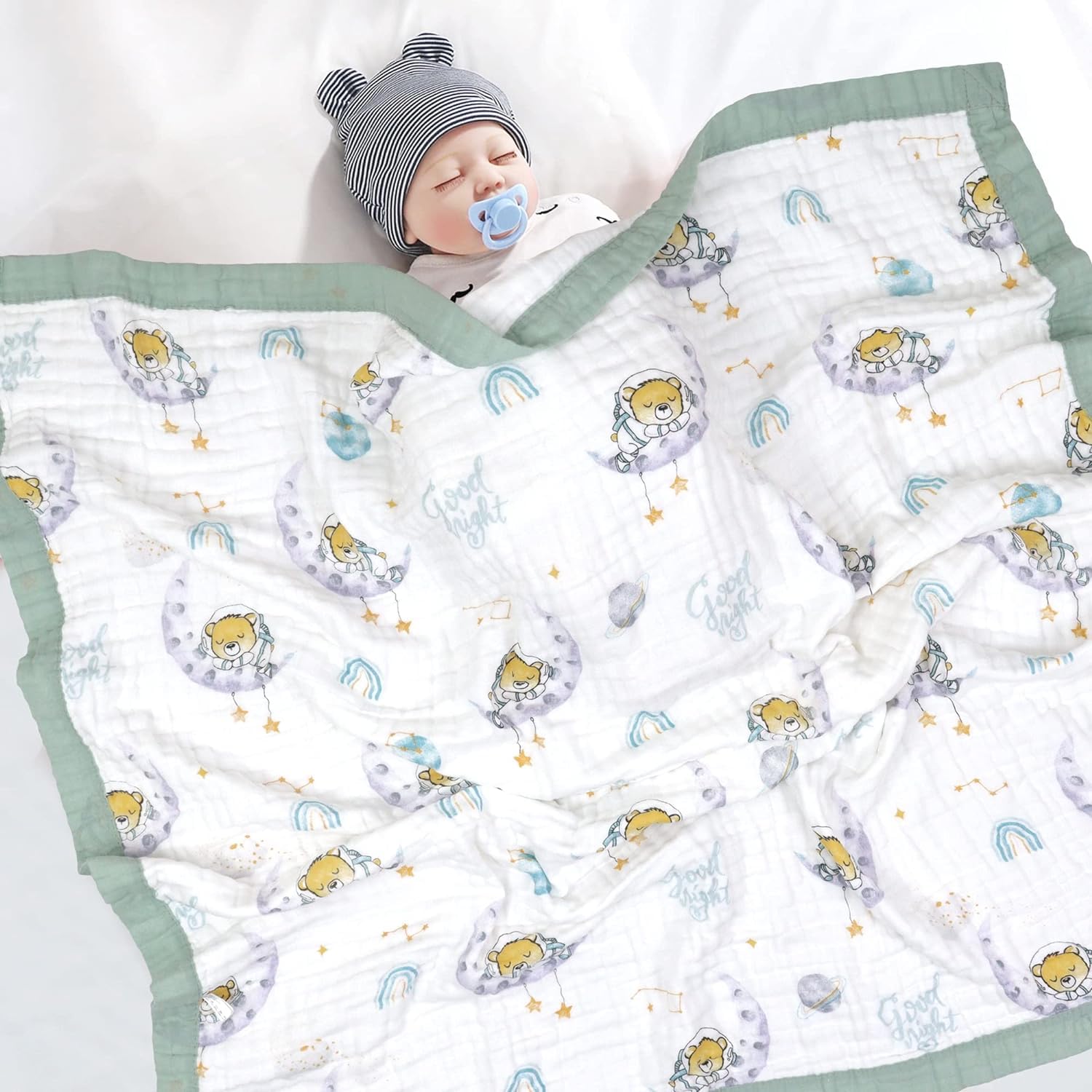 Tickle Tums Premium Muslin Baby Blanket - 100% Cotton 6 Layer Super Soft for Kids, Infants, Newborns - Teddy Bear on The Moon Theme - 110cm x 110cm - 0-4 Years 1