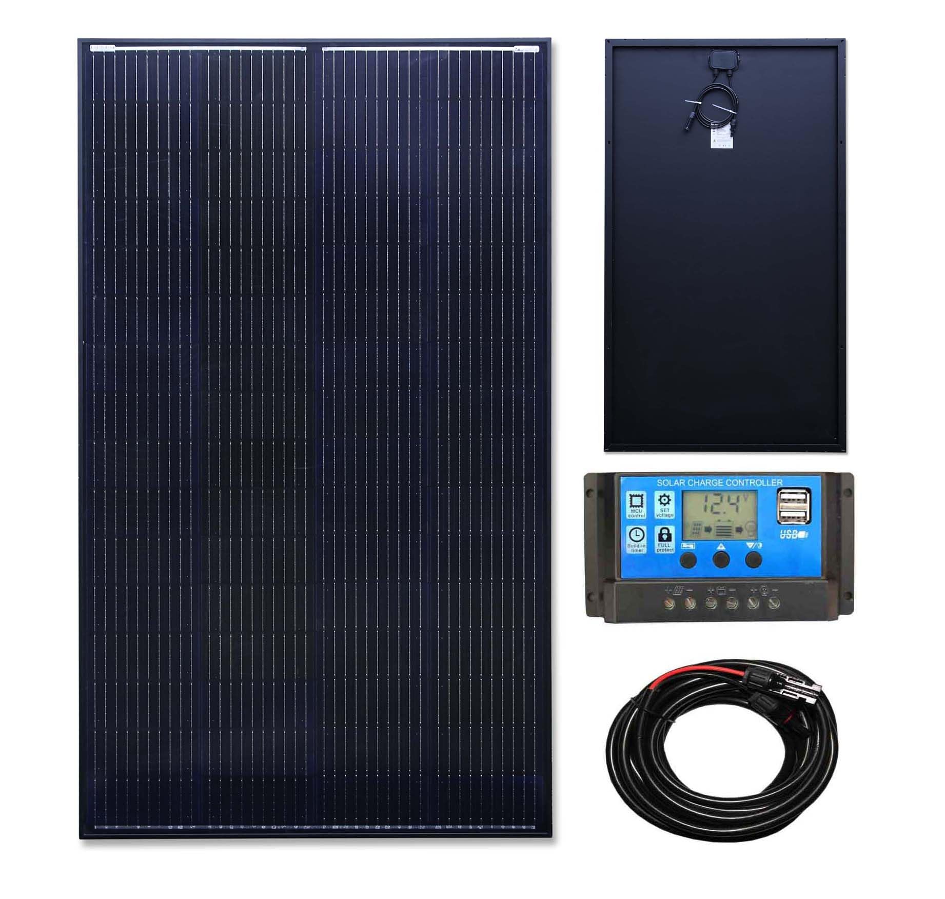 Lowenergie Black 200W Framed Mono Solar Panel Battery Charging Kit With Charger Controller For Caravans, Motorhomes, Boats & Any Flat Surface. K1