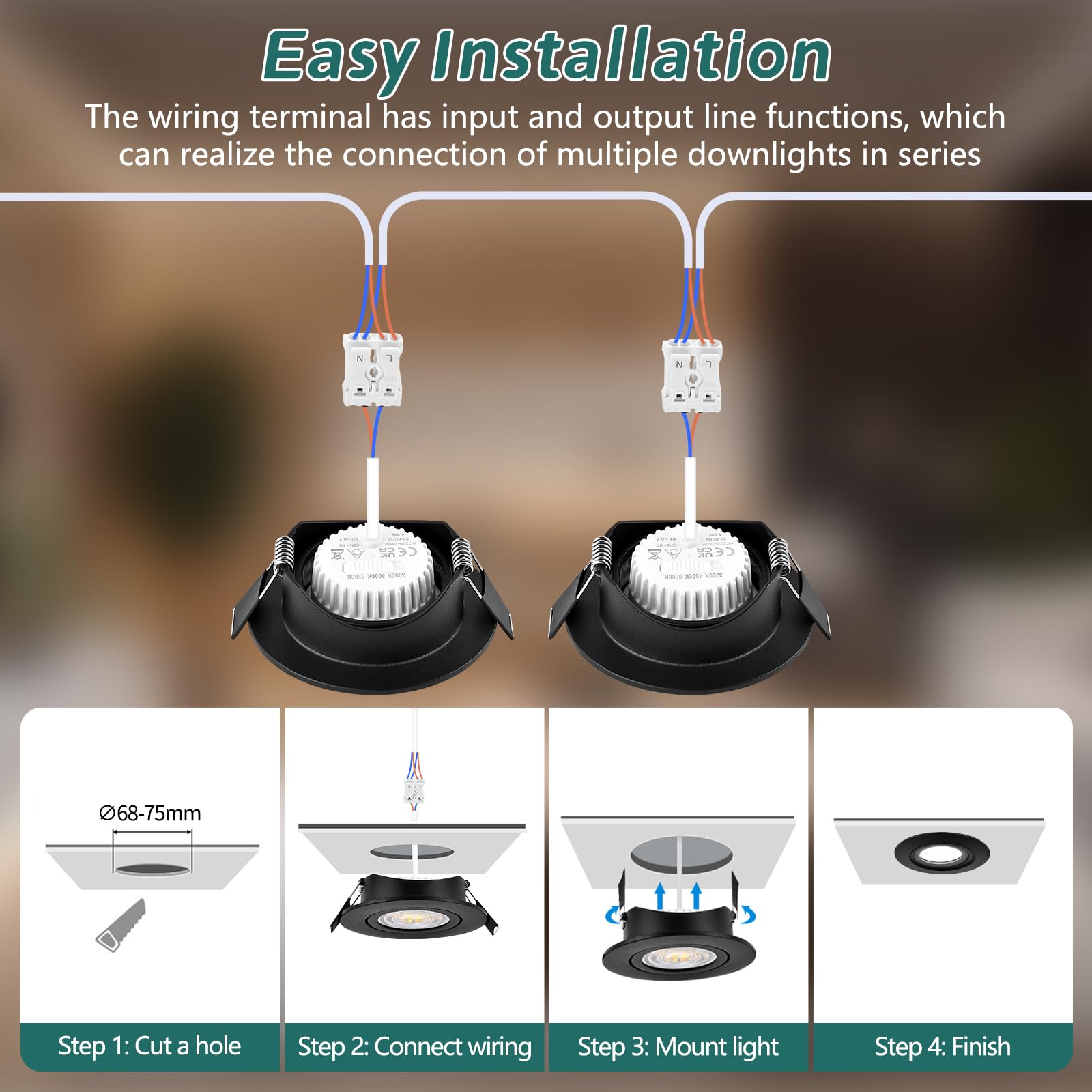 KYOTECH 3CCT Faretti LED da Incasso per Cartongesso Dimmerabile 68-75mm, 5W 550LM 230V Faretto Incasso Ultra Sottili, IP44 Faretti da Incasso Ruotabile a 45° per Bagno, Set di 6 Nero