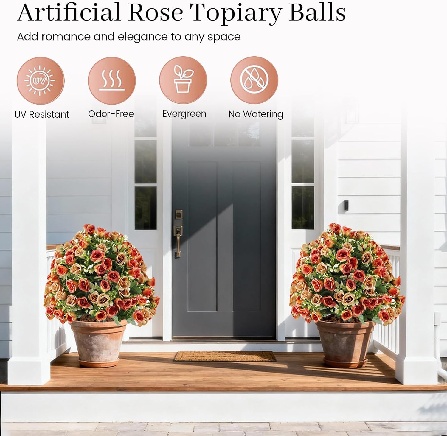 Set of 2 Artificial Topiary Ball Trees with Rose Flowers, 24" Fake Boxwood Shrubs for Outdoor with Ground Spike, UV Resistant No Fade Faux Greenery Plants for Indoor Garden, Patio, Porch (Orange)