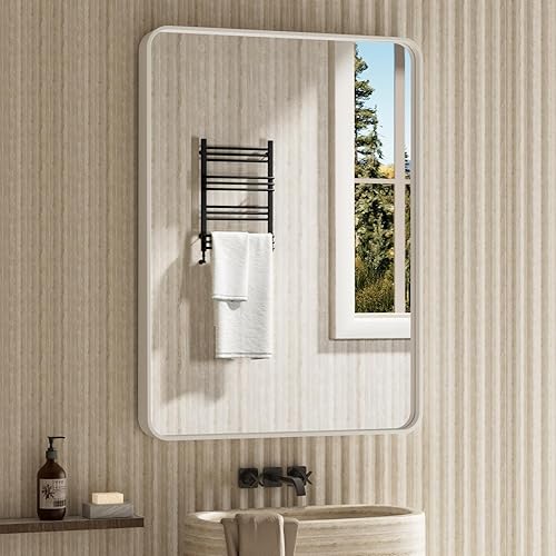 Espejo de baño blanco, 22 x 30 pulgadas, espejo de baño con marco de metal blanco para pared, rectangular redondeado, espejo de tocador de baño