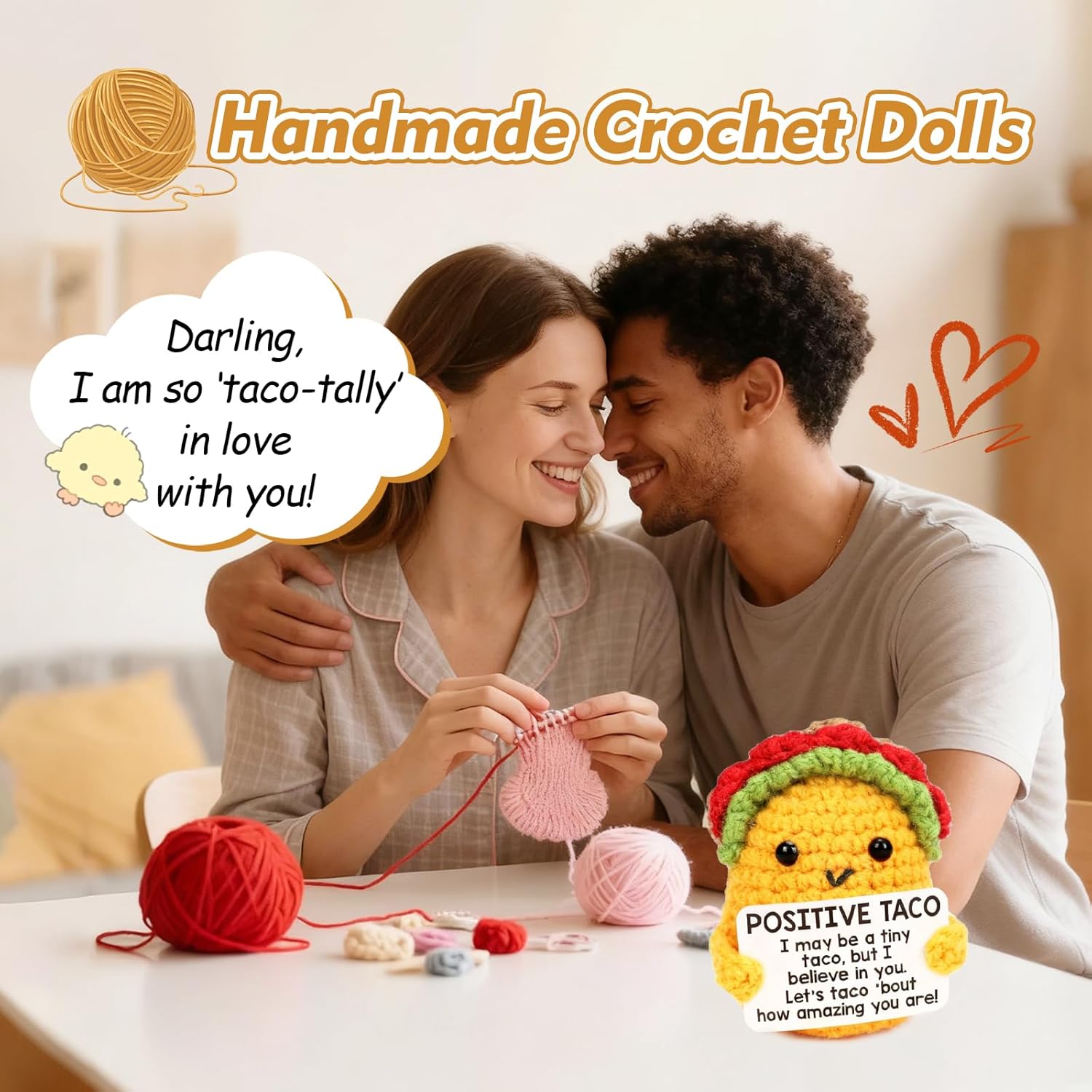 Positive Handmade Crochet Taco, Funny Birthday Gag Gift for Women Men, Emotional Support Gift for Living Room,Bedroom,Kitchen,Bookshelf,Office Desktop Decoration, Comes with Message Card