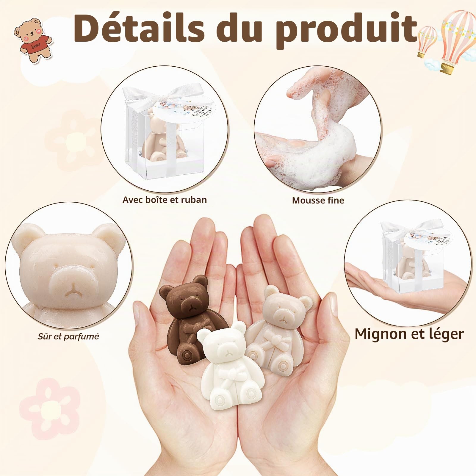 Lot de 36 savons en forme d'ours pour fête prénatale, mini savon en forme d'ours mignon avec cartes de remerciement et boîtes, savons parfumés en vrac pour décoration, cadeau d'invité, fournitures de
