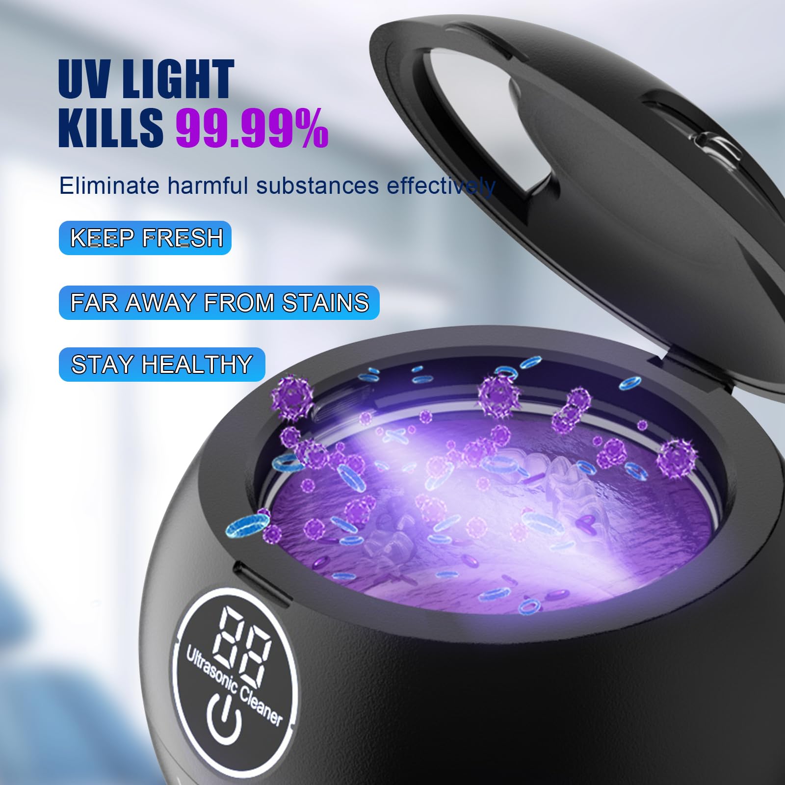 Nettoyeur de retenue dentaire à ultrasons 45 kHz avec 3 modes et minuteur numérique pour le nettoyage des prothèses, garde de nuit, aligneur, appareil dentaire, brosse à dents, bijoux noir