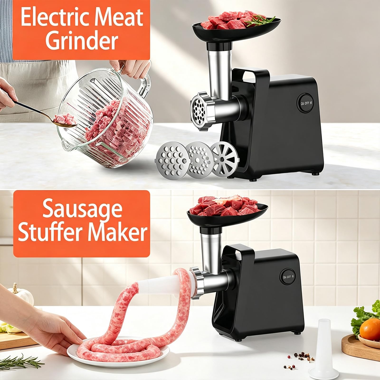 Molino de Carne Eléctrico de Acero Inoxidable con Salchichas y Accesorios | 3 placas de corte, anti-atasco hacia adelante y hacia atrás, partes desmontables y lavables, uso múltiple para procesamiento