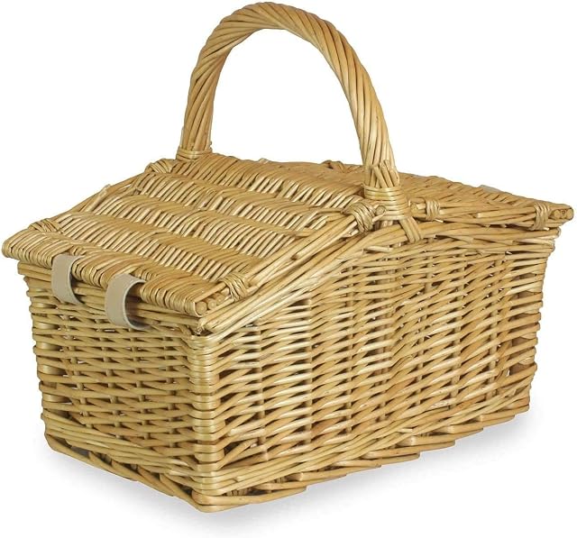 Wrenbury 11" Traditional Picnic Hamper, Small | Traditional Willow Shopping Basket with Lid Wicker Picnic Hamper | Small Picnic Basket 2 Person 28 x 19 x 13cm