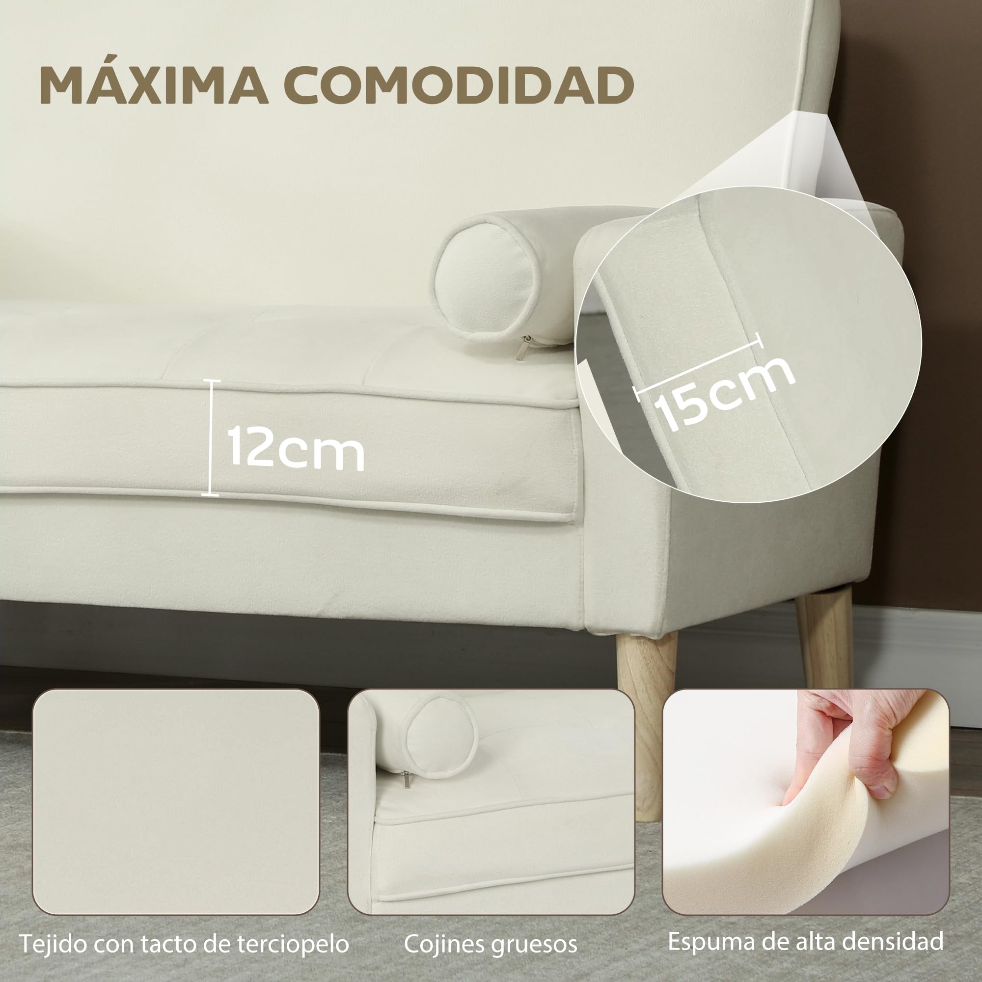 HOMCOM Sofá de 2 Plazas Tapizado en Terciopelo Sofá de Salón de 130 cm con Asiento Capitoné 2 Almohadas y Patas de Madera para Espacios Pequeños Dormitorio Sala de Estar Oficina Crema